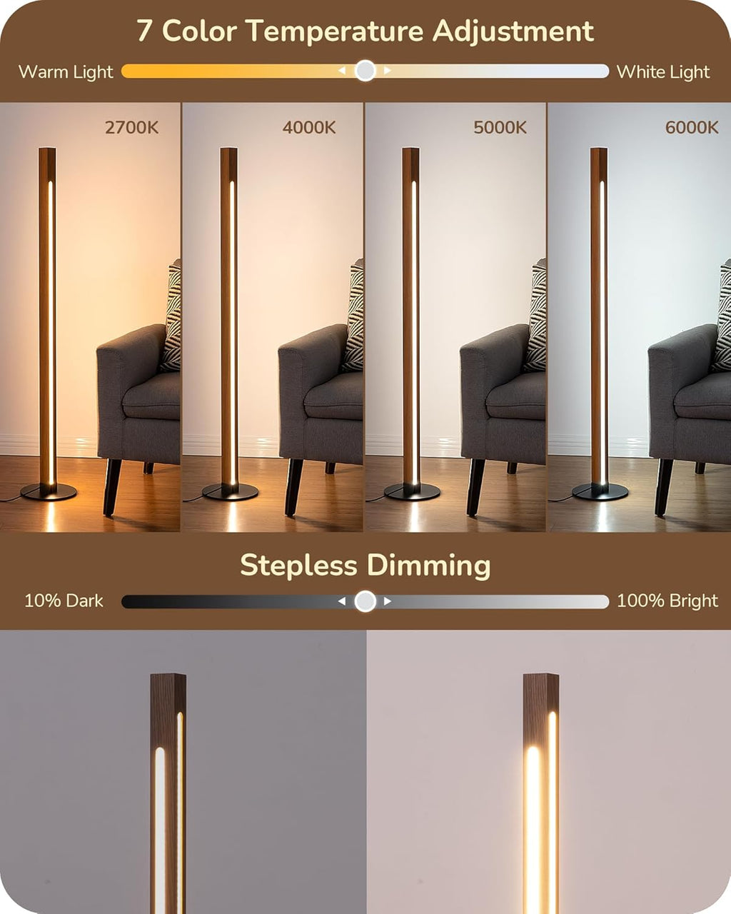 EDISHINE Wooden Floor Lamp, Upgraded Dual-Sided Lighting, Minimalist Floor Lamps for Living Room, Corner Lamp with Remote/Foot Control…