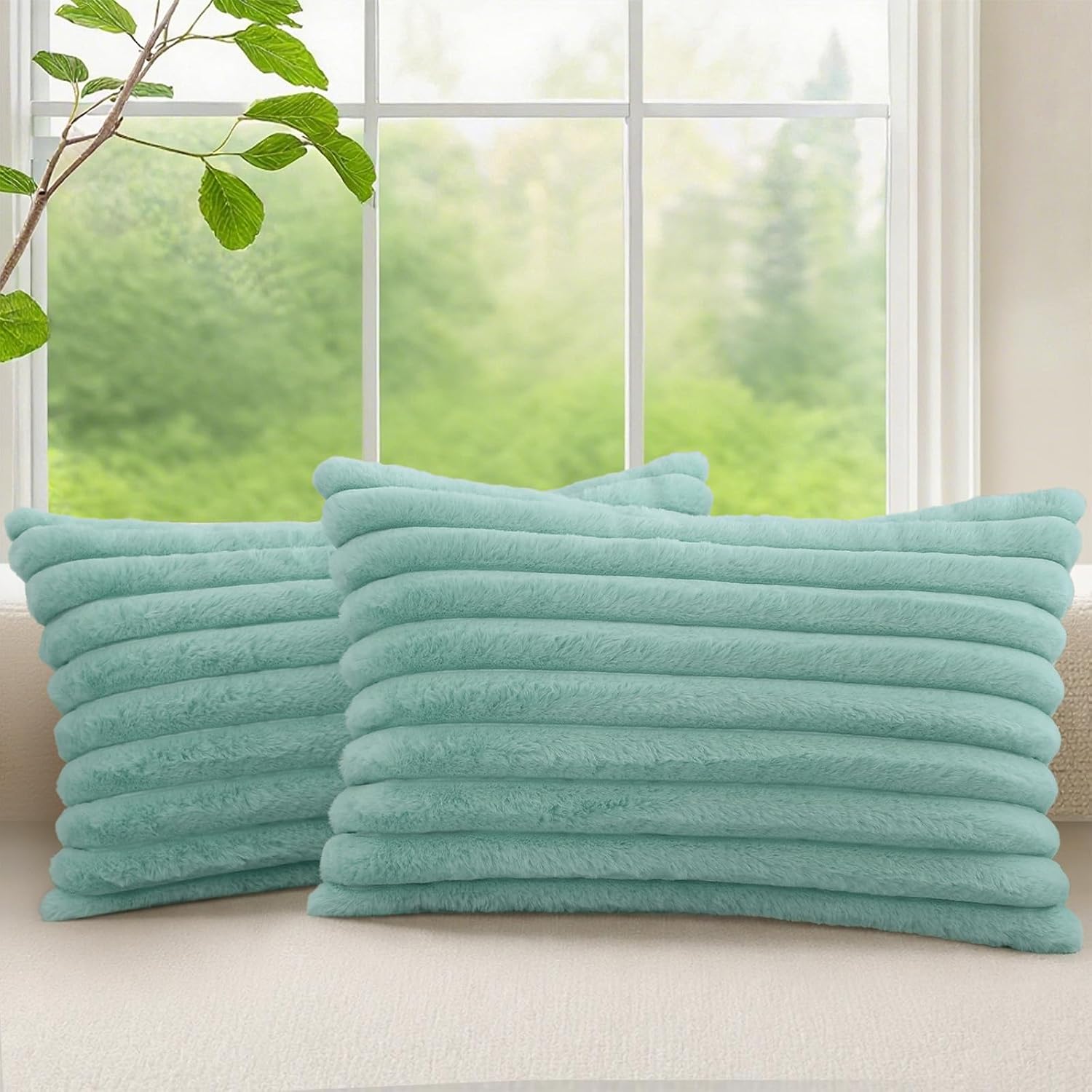 decorUhome Summer Cozy Faux Fur Throw Pillow Covers 12x20 Set of 2 Decorative Soft Plush Striped Lumbar Modern Farmhouse Boho Couch Pillow…