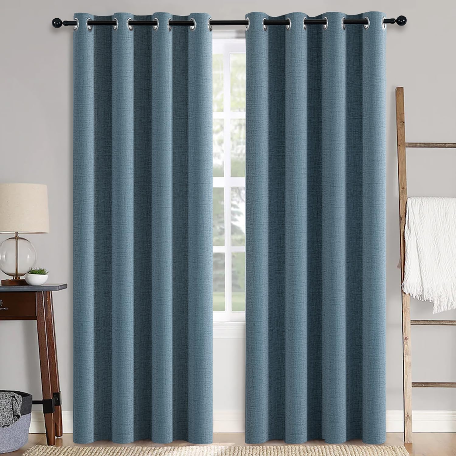 Miulee Linen Texture Curtains for Bedroom Solid 100% Blackout Thermal Insulated Dusty Blue Curtains Grommet Room Darkening Drapes Luxury De…