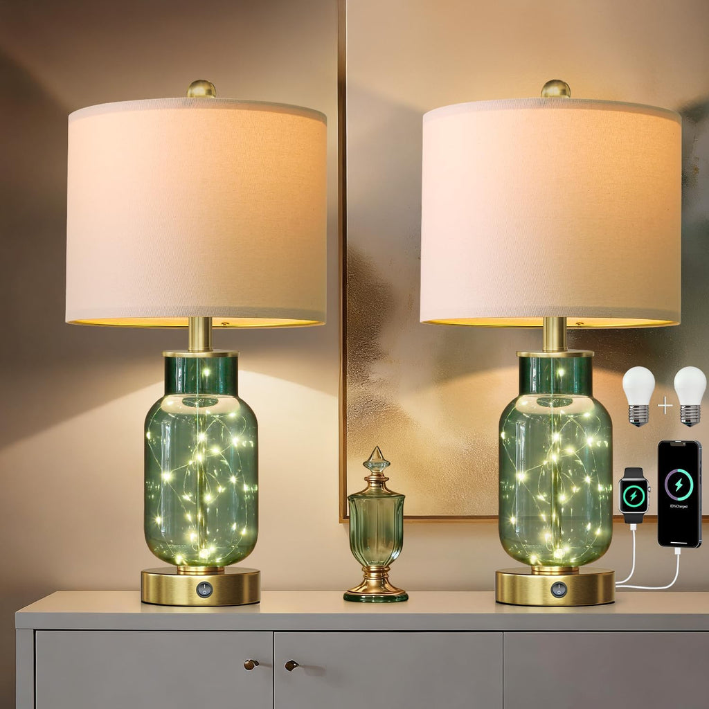 Oneach 22" Glass Table Lamps Set of 2, Green Modern Bedside Lamp with LED Night Light for Living Room, Nightstand Lamp with USB Ports for B…