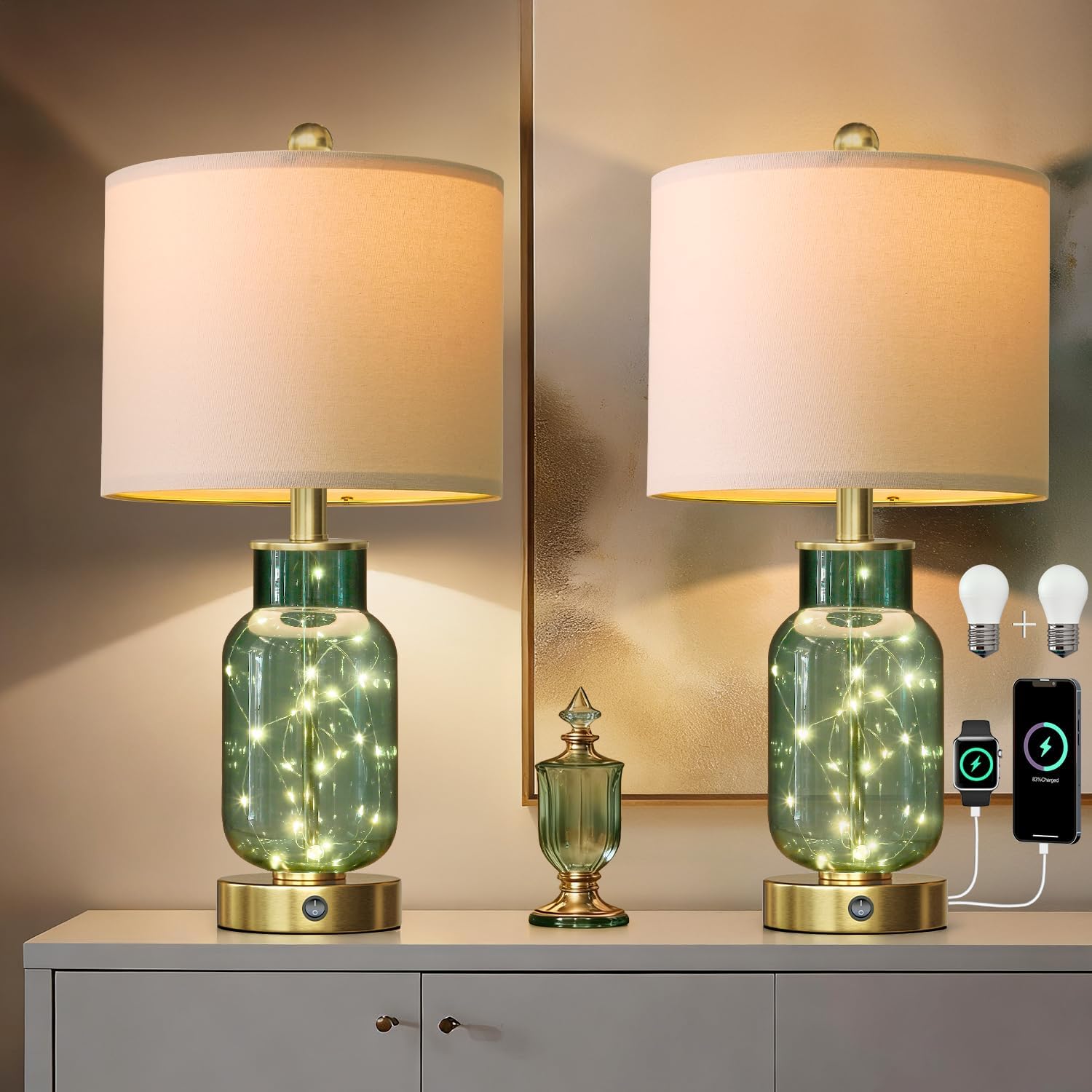 Oneach 22" Glass Table Lamps Set of 2, Green Modern Bedside Lamp with LED Night Light for Living Room, Nightstand Lamp with USB Ports for B…