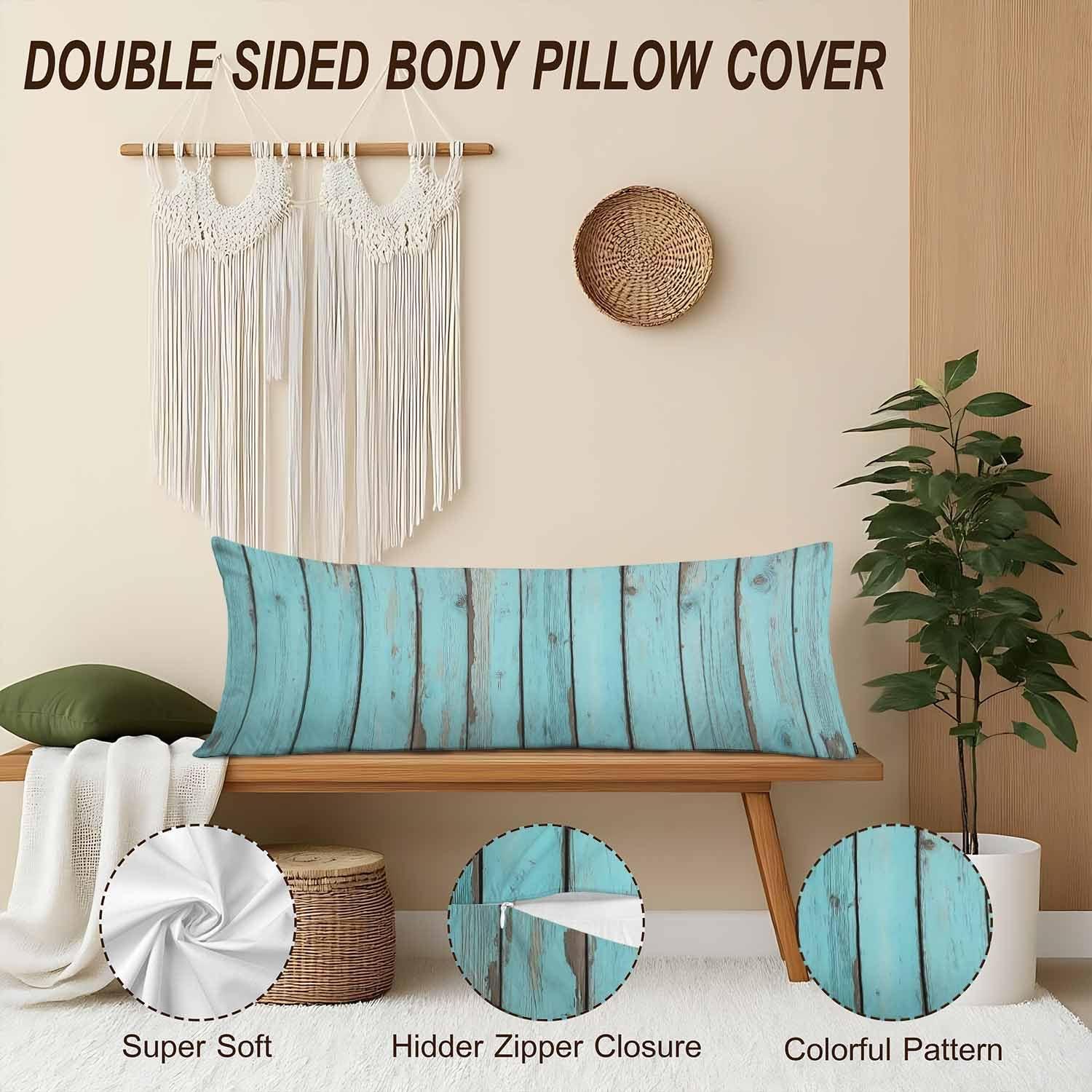 Blue Wood Body Pillow Pillowcase Turquoise Wooden Teal Farmhouse Body Pillow Cushion Covers, 20x54 Inch Bedding Body Pillows Protector…