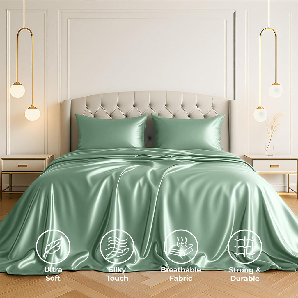 PureBedding Satin Sheets King [4-Piece, Champagne Green] Hotel Luxury Silky Bed Sheets - Extra Soft 1800 Microfiber Sheet Set, Wrinkle, Fad…