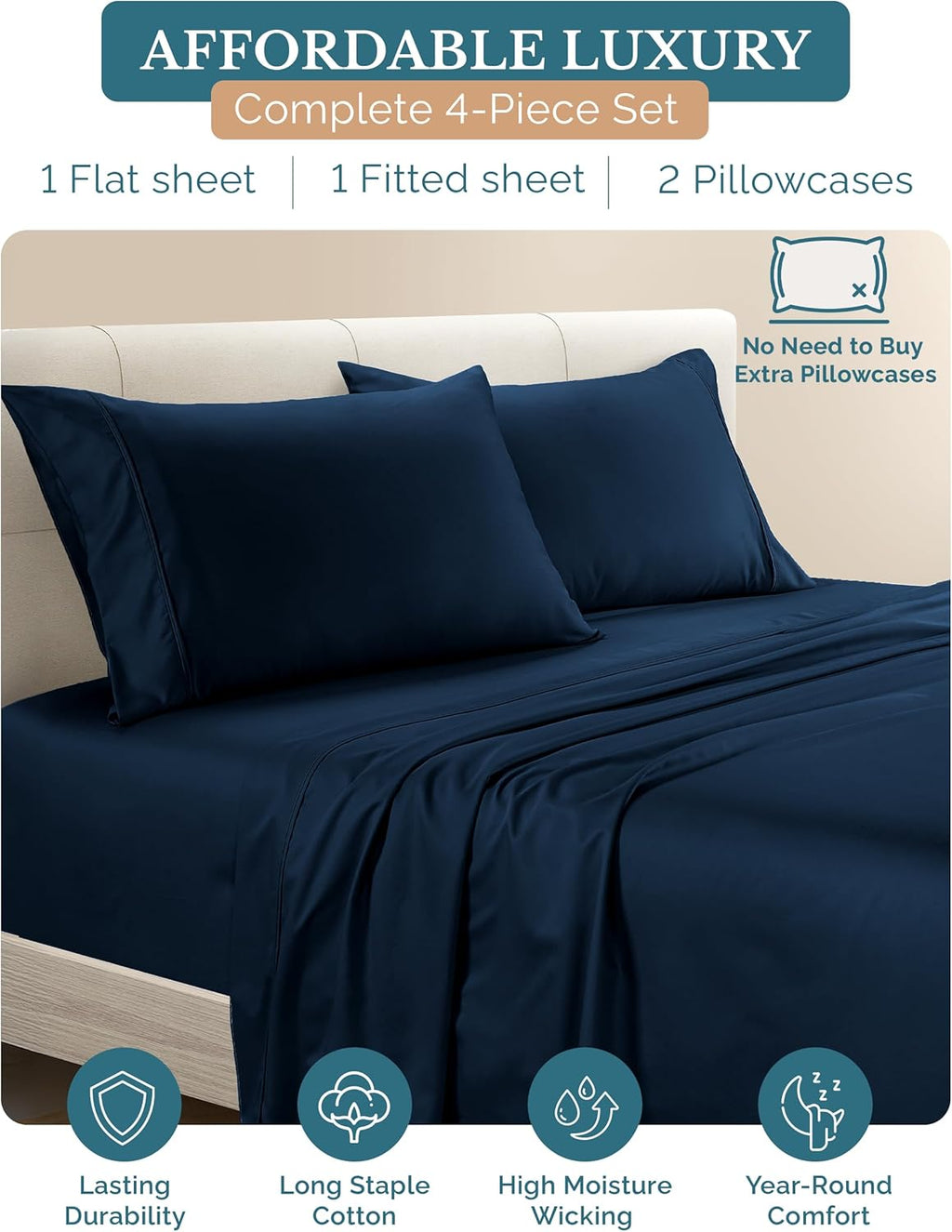 Casa Platino 100% Cotton Twin XL Sheets Set, 4 Piece Bed Set with 500 Thread Count Silky Smooth Sateen, 15 Inch Deep Pocket Fitted Sheet…