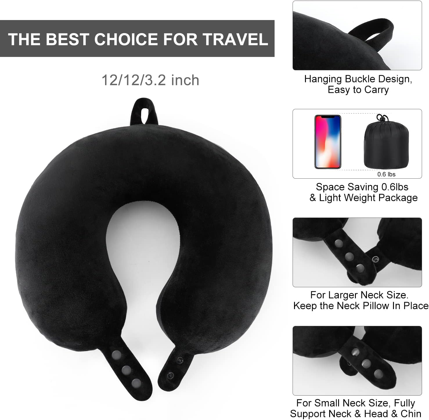 TALLGO Travel Pillow, Best Memory Foam Neck Pillow Head Support Soft Pillow for Sleeping Rest, Airplane Car & Home Use (Black5)