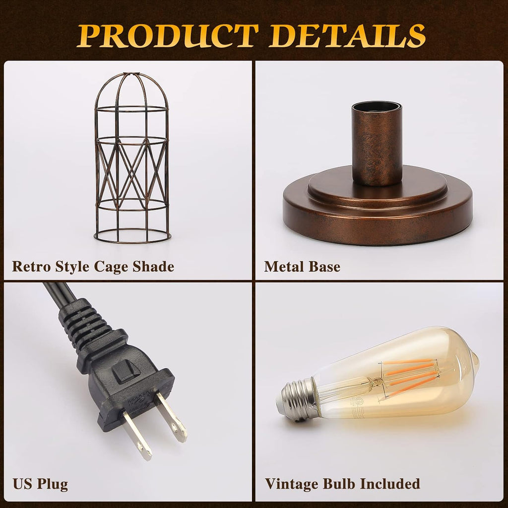 Seaside village Small Touch Lamp, Industiral Bedside Table Lamps with Antique Bronze Cage, 3 Way Dimmable Nightstand Steampunk Edison…