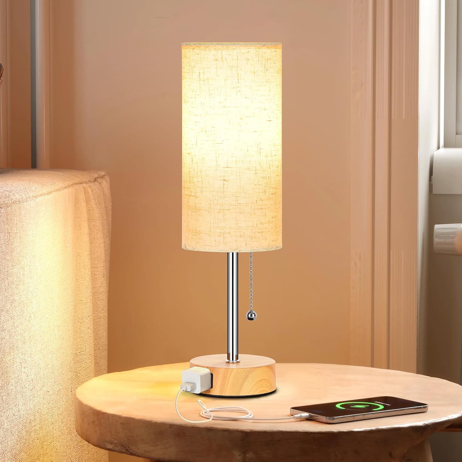 Dott Arts Table Lamp for Bedroom, 3-Color Bedside Lamps with Pull Chain, Bedroom Table Lamps for Nightstand, AC Outlet Small Lamp for…