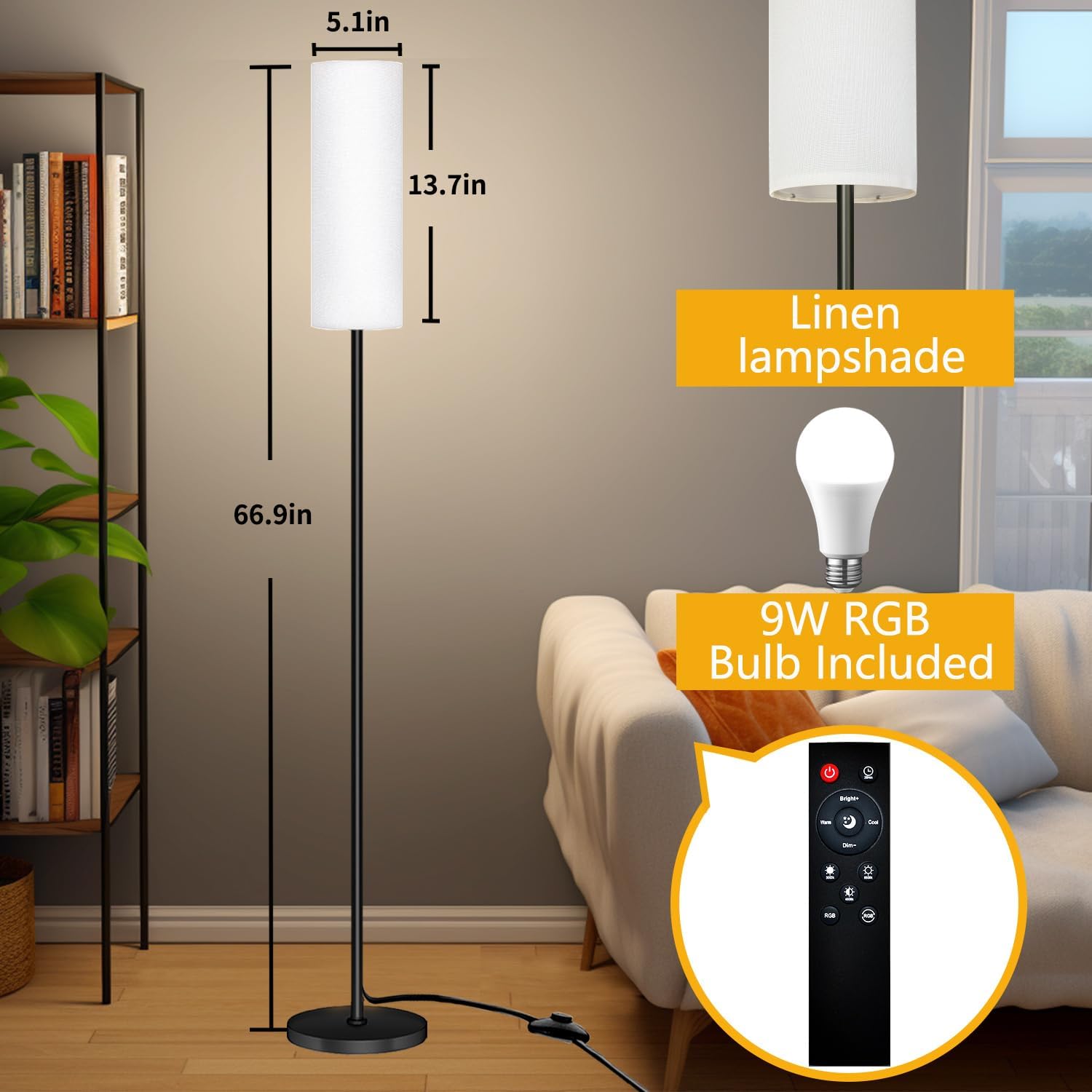 Qaubauyt Smart LED Floor Lamp with APP Control & RGB Colors - Dimmable Standing Lamp for Living Room, Bedroom, Gaming - Remote, Timer, 9W…