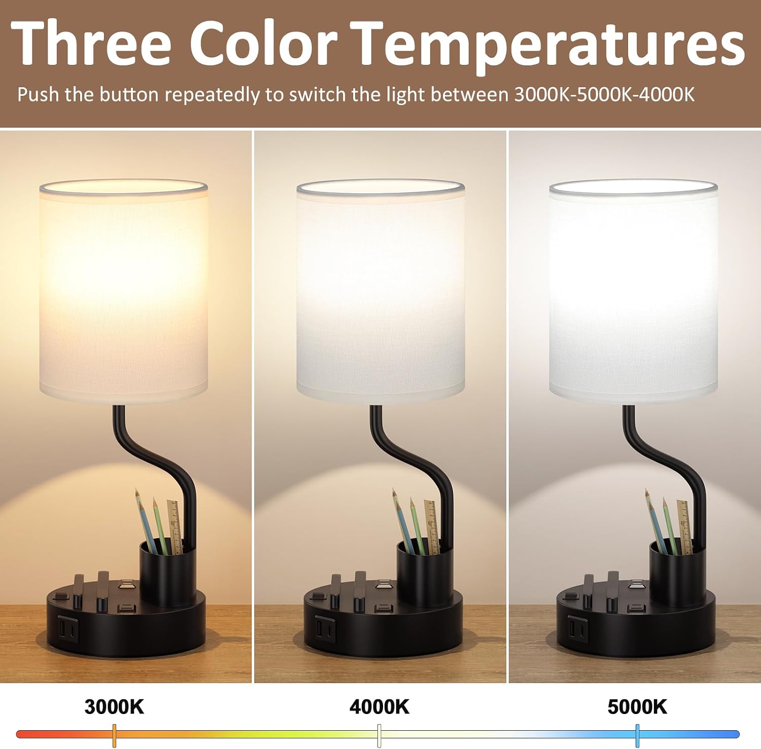 White Bedside Table Lamps for Bedroom Set of 2 - Nightstand Light with AC Outlet and USB A & C for Charging, 3 Color Temperatures Desk…
