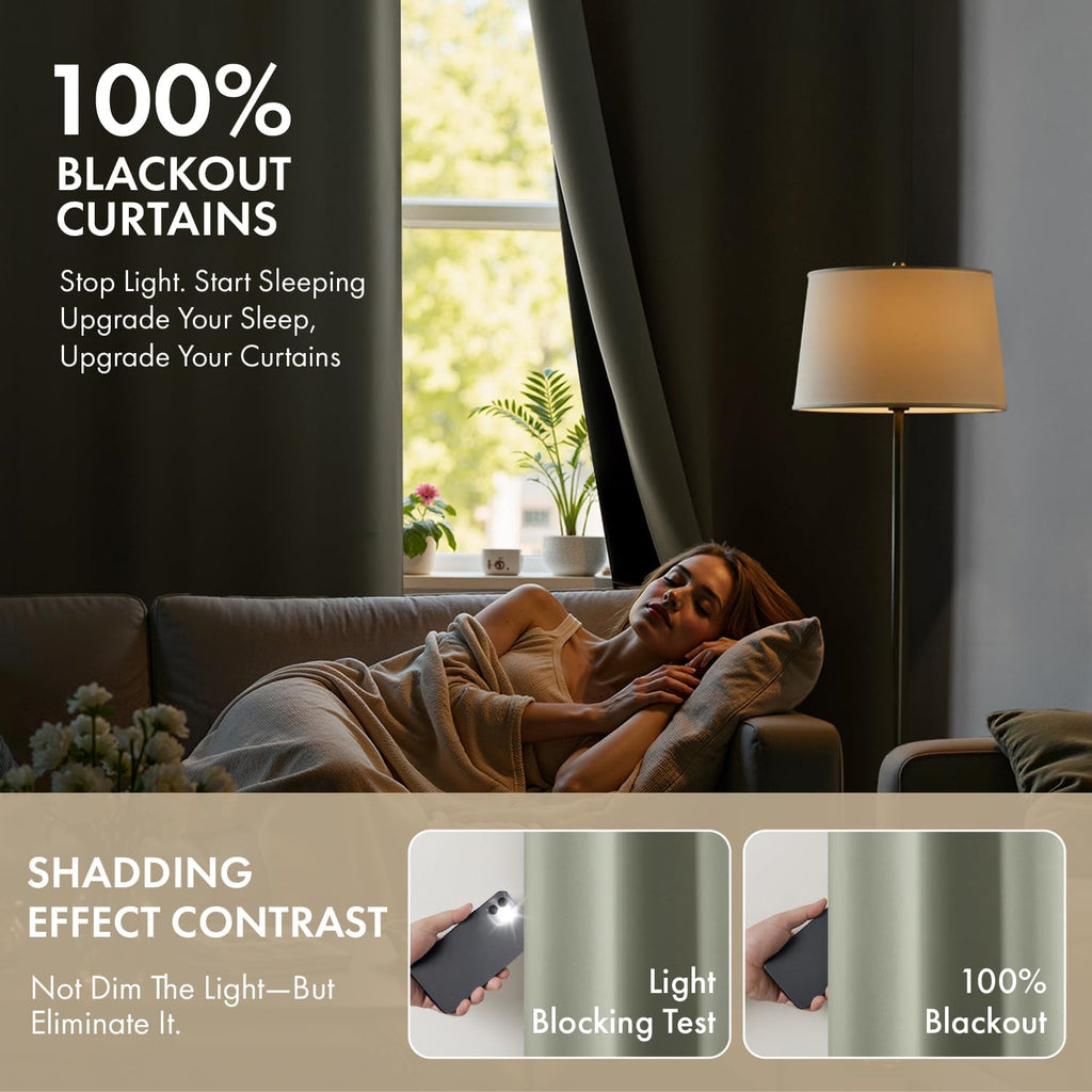 Miulee Sage Green 100% Blackout Curtains for Bedroom 84 Inch Long, 2 Thick Layers Thermal Insulated Black Out Window Curtains with Black Li…