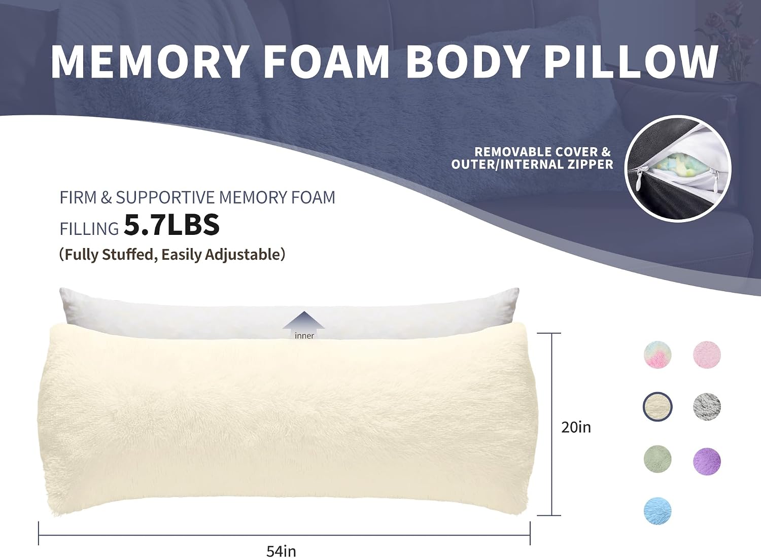 WSOFRLAC Bed Memory Foam Pillows with Removable Covers for Queen Bed 20x54 Soft Nursing Couch Pillows with Long Pillow Case for Beige…