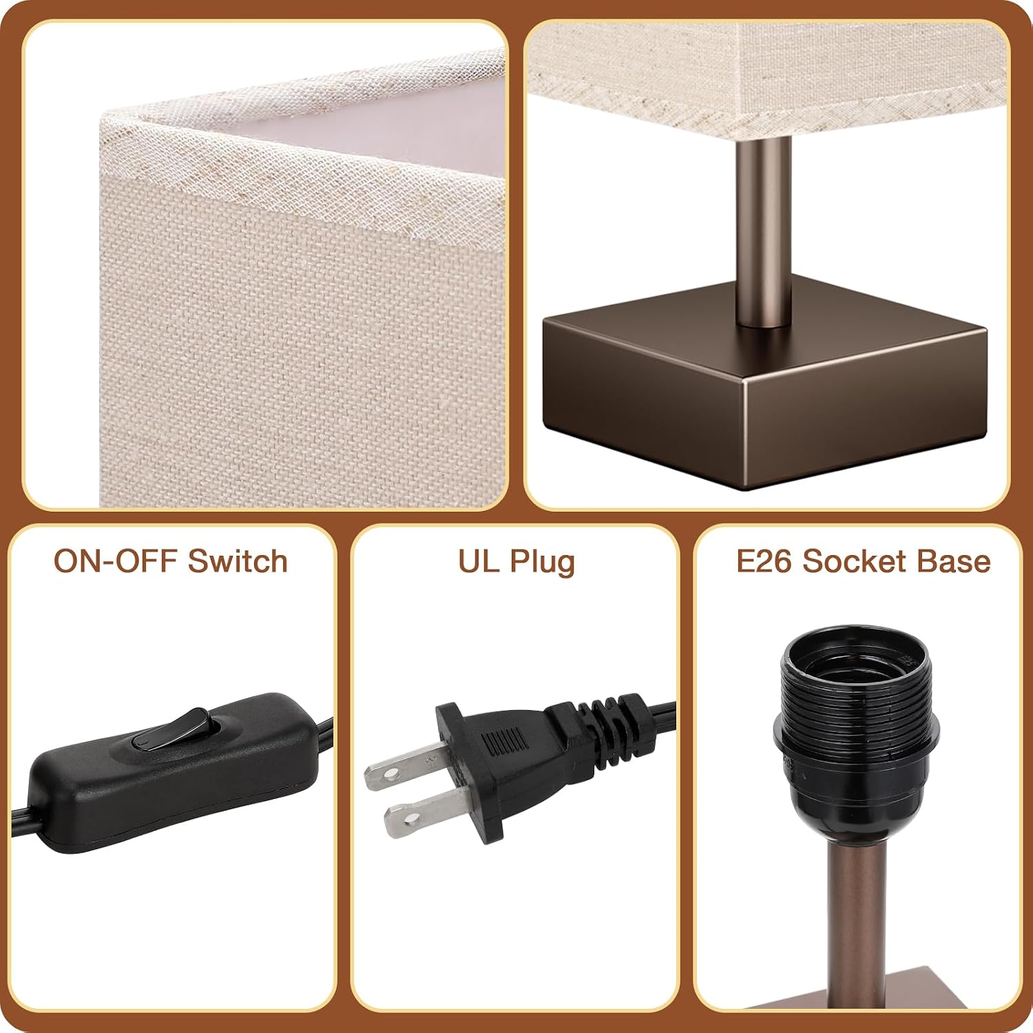 aooshine Brown Small Table Lamp - Bedside Lamp for Bedroom, Minimalist Nightstand Lamp with Square Shade, Desk Lamp for Kids Room