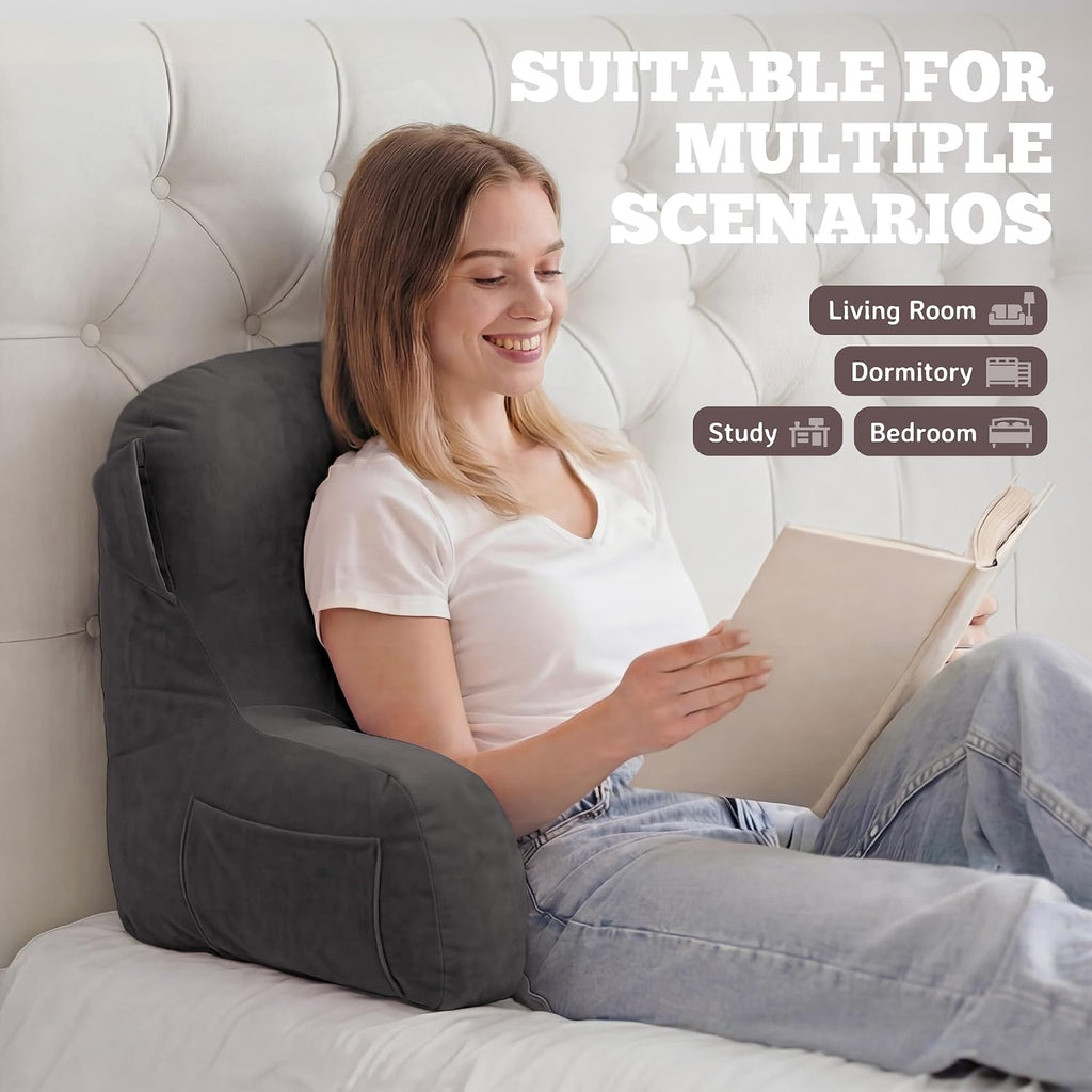 Unisakey Portable Comfy Reading Pillows for Bed Sitting Up(Light Grey Oeko-Tex), Velvet Back Pillow with Arms & Pockets for Adults…