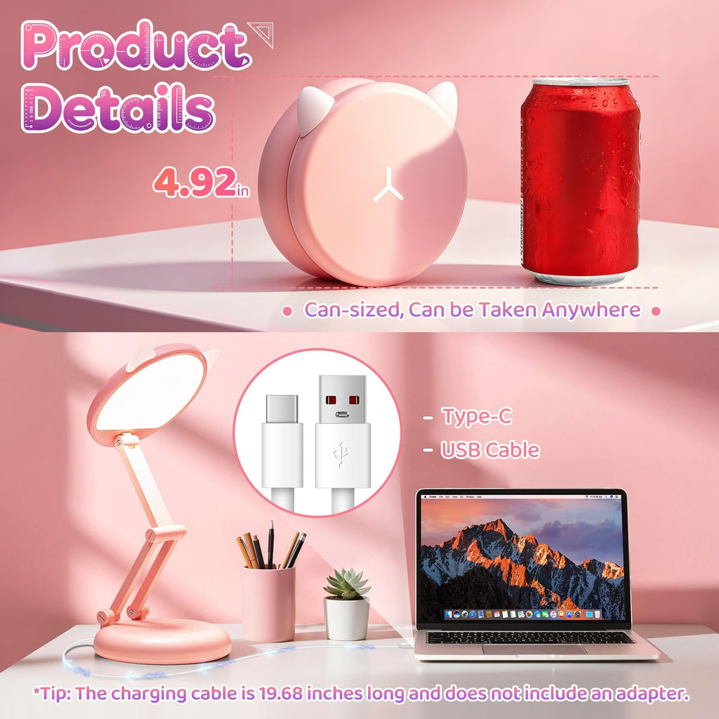 One Fire Cute Desk Lamp Pink Dorm Lamps for College Girls Foldable Portable Rechargeable Dimmable Cute Cat Lamp Kawaii Room Decor, College…