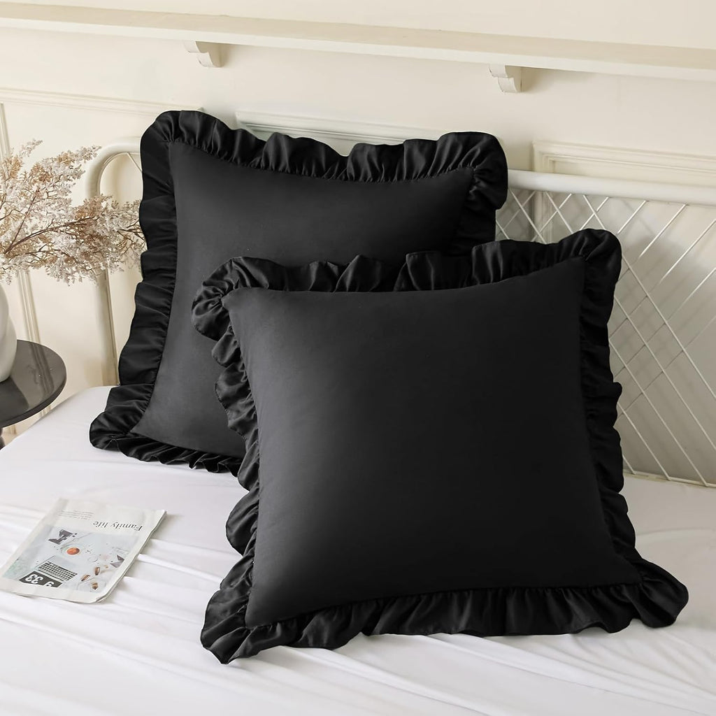 KKJIAF Ruffle Pillow Cases 26x26 Inches, Black Square Ruffled Pillow Covers Set of 2, Microfiber Wrinkle Resistant Pillow Shams with…