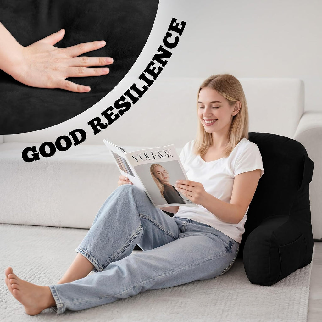 Unisakey Portable Comfy Reading Pillows for Bed Sitting Up(Black Oeko-Tex), Velvet Back Pillow with Arms & Pockets for Adults, Support…
