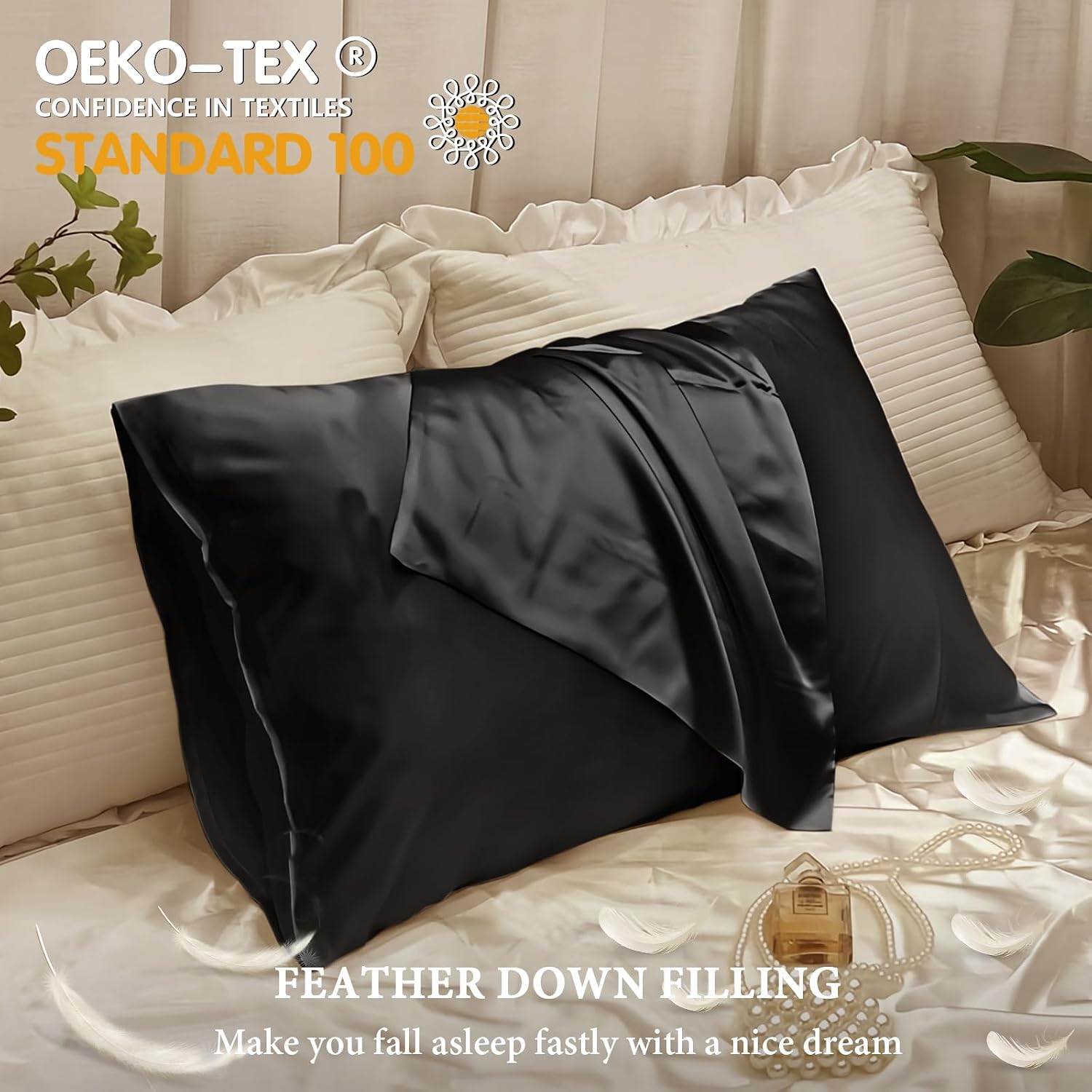 BHZHouseholdProducts BHZ Black Satin Goose Down Feather Pillows King Size Set of 2 with Black Satin Pillowcase for Hair and Skin, Cooling P…