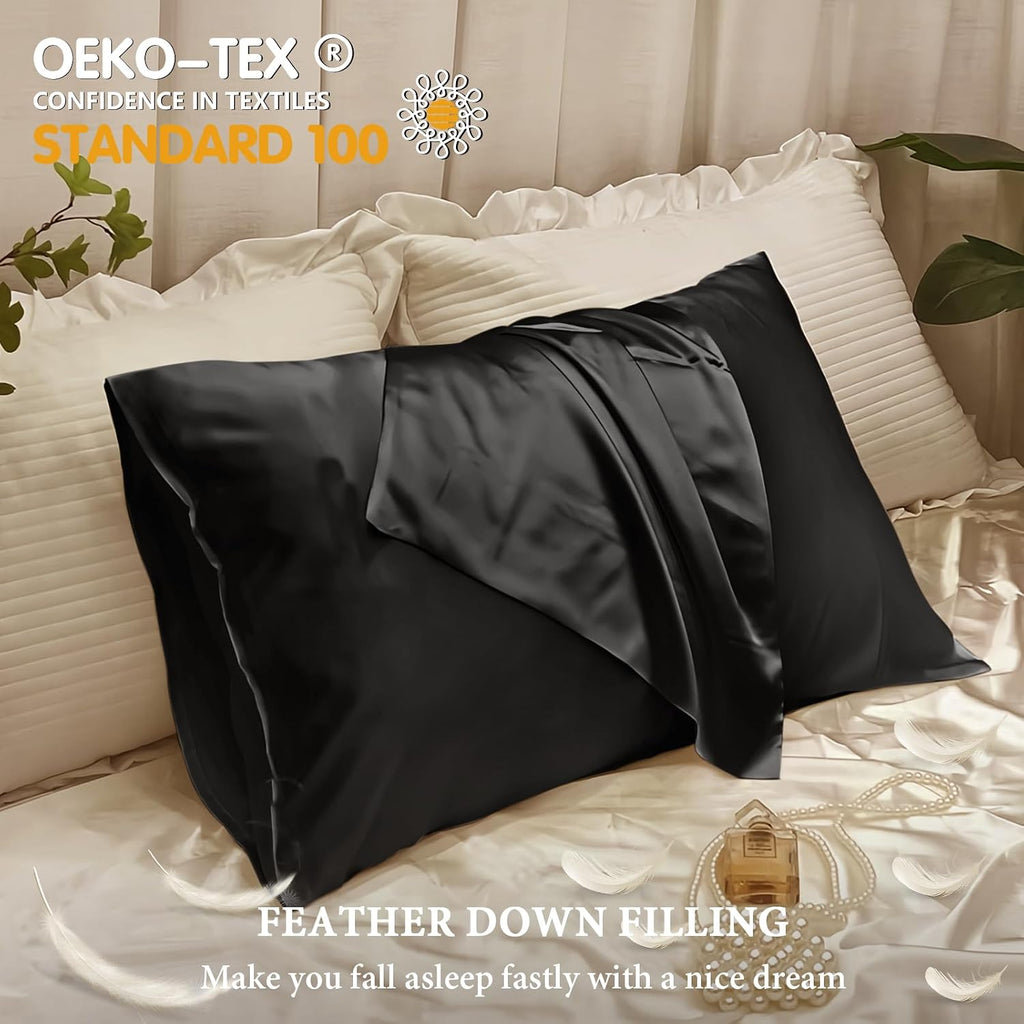 BHZHouseholdProducts BHZ Black Satin Goose Down Feather Pillows Standard Size Set of 2 with Black Satin Pillowcase for Hair and Skin, Cooli…