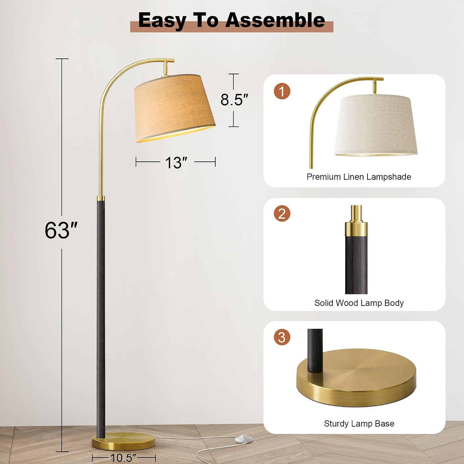 G-SAFAVA 63" Wood Floor Lamps for Living Room with Foot Switch Arc Tall Standing Lamp for Bedroom Mid Century Modern Corner Gold Floor…