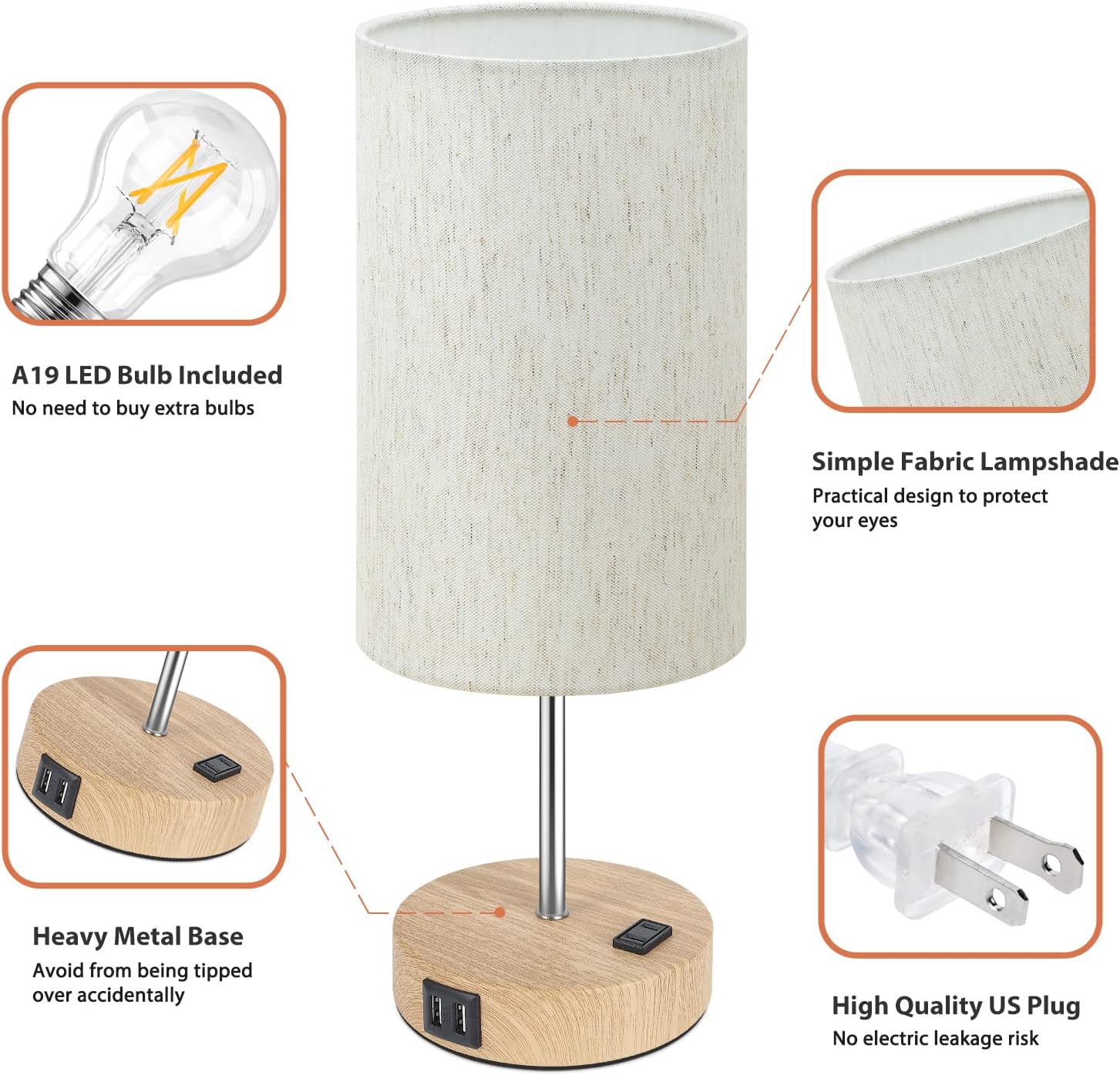 Brightever Table Lamps Set of 2 Touch Control, 2 USB Charging Ports&AC Outlet, 3-Way Dimmable Bedside Nightstand Lamp with Flaxen Fabric Sh…