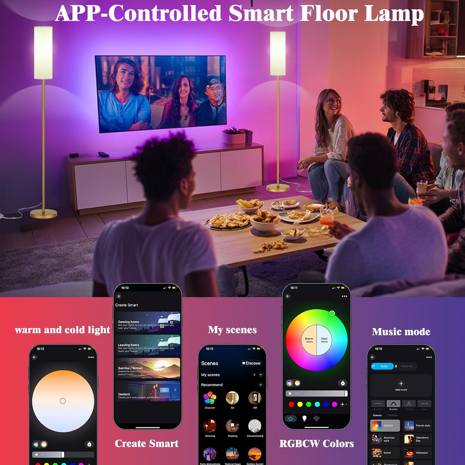 Qaubauyt Smart LED Floor Lamp with APP Control & RGB Colors - Dimmable Standing Lamp for Living Room, Bedroom, Gaming - Remote, Timer, 9W…