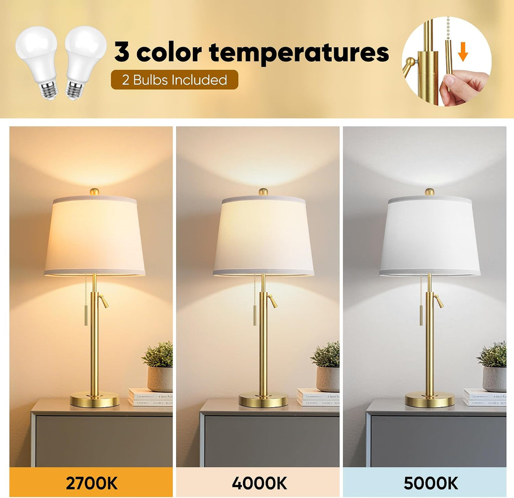 Tall Table Lamps Set of 2, Modern Gold Table Lamps with White Shade for Living Room, Height Adjustable Nightstand Lamps for Bedroom, 3…
