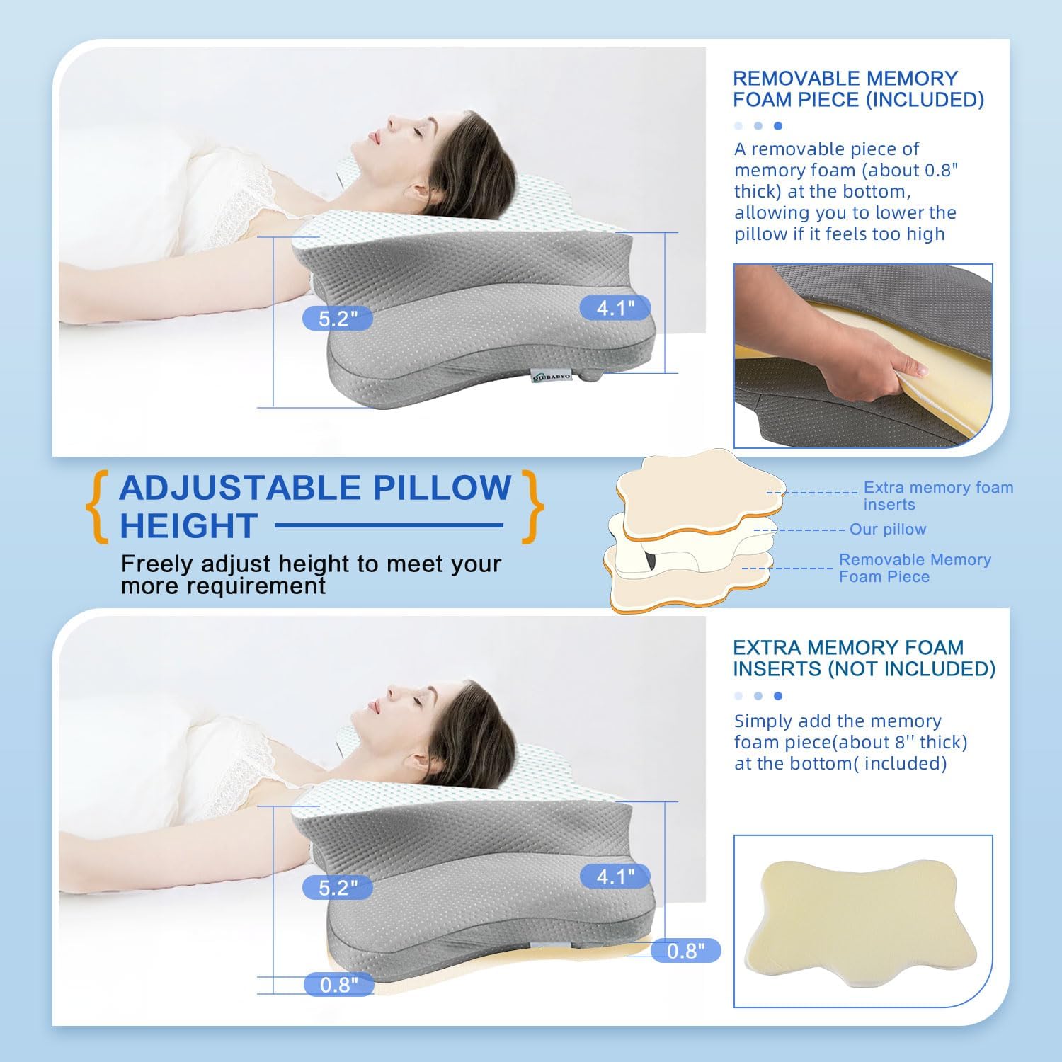 Qiubabyo Cervical Pillow for Neck Support, Adjustable Ergonomic Pillow Cozy Sleeping, Odorless Orthopedic Memory Foam Pillows, Contour Bed Pil…