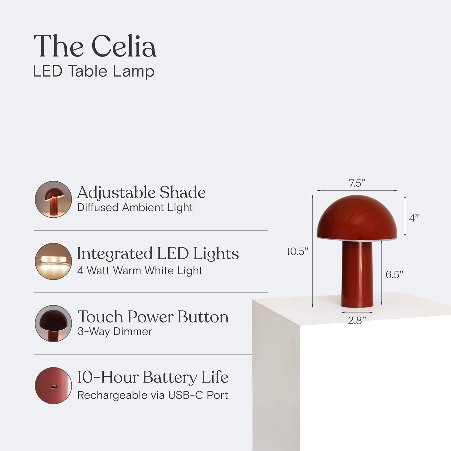 Brightech Celia Mood Lamp – 10" Touch-Controlled Mushroom Table Lamp, Cordless & Dimmable LED, Portable & Rechargeable Bedside Night Light,…