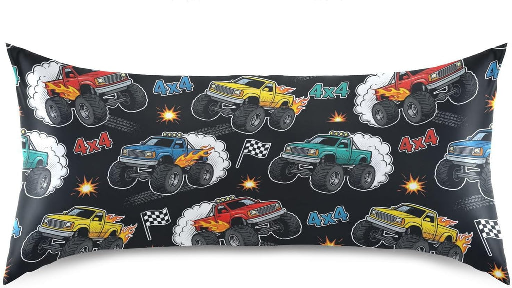 Monster Truck Black Print Pillow Covers Silk Pillowcase for Hair and Skin Soft Breathable Smooth Cooling Satin Pillowcase Queen Size…