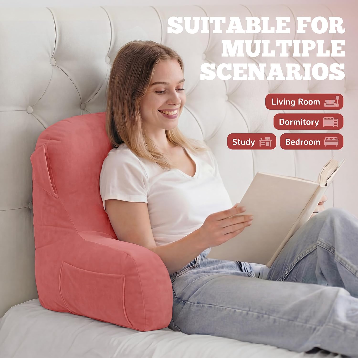 Unisakey Portable Comfy Reading Pillows for Bed Sitting Up(Dark Pink Oeko-Tex), Velvet Back Pillow with Arms & Pockets for Adults…