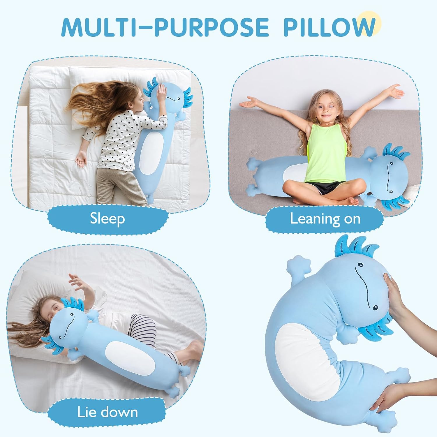 Dalmao 36 inch Cute Giant Blue Axolotl Plush Soft Body Pillow, Large Axolotl Stuffed Animals Toy, Squishy Plushies Gifts for Kids Boys…