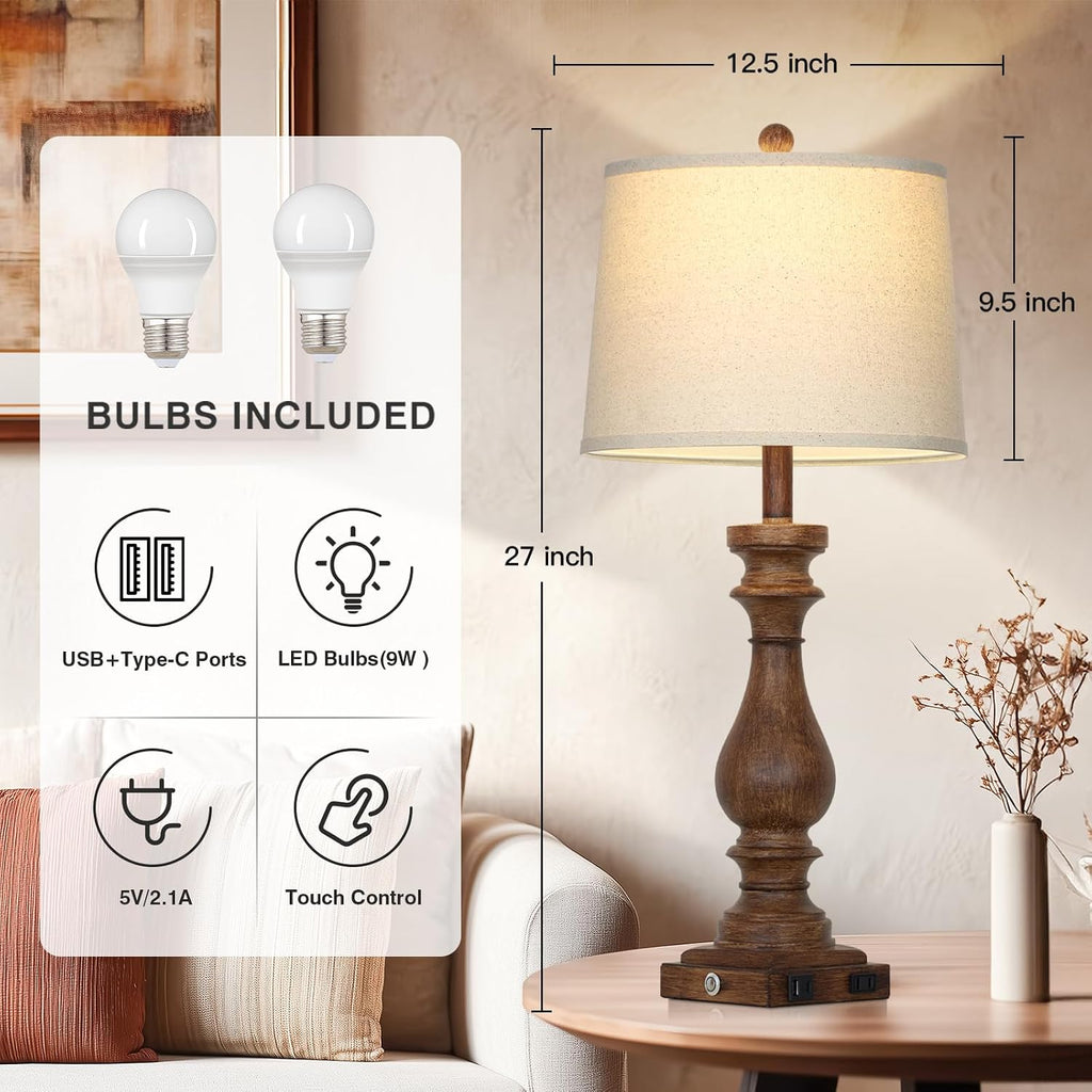 Cinkeda 29" Tall Farmhouse Table Lamp for Living Room Set of 2, Vintage Retro Nightstand Lamps with USB C+A Ports & AC Outlet,3-Way…