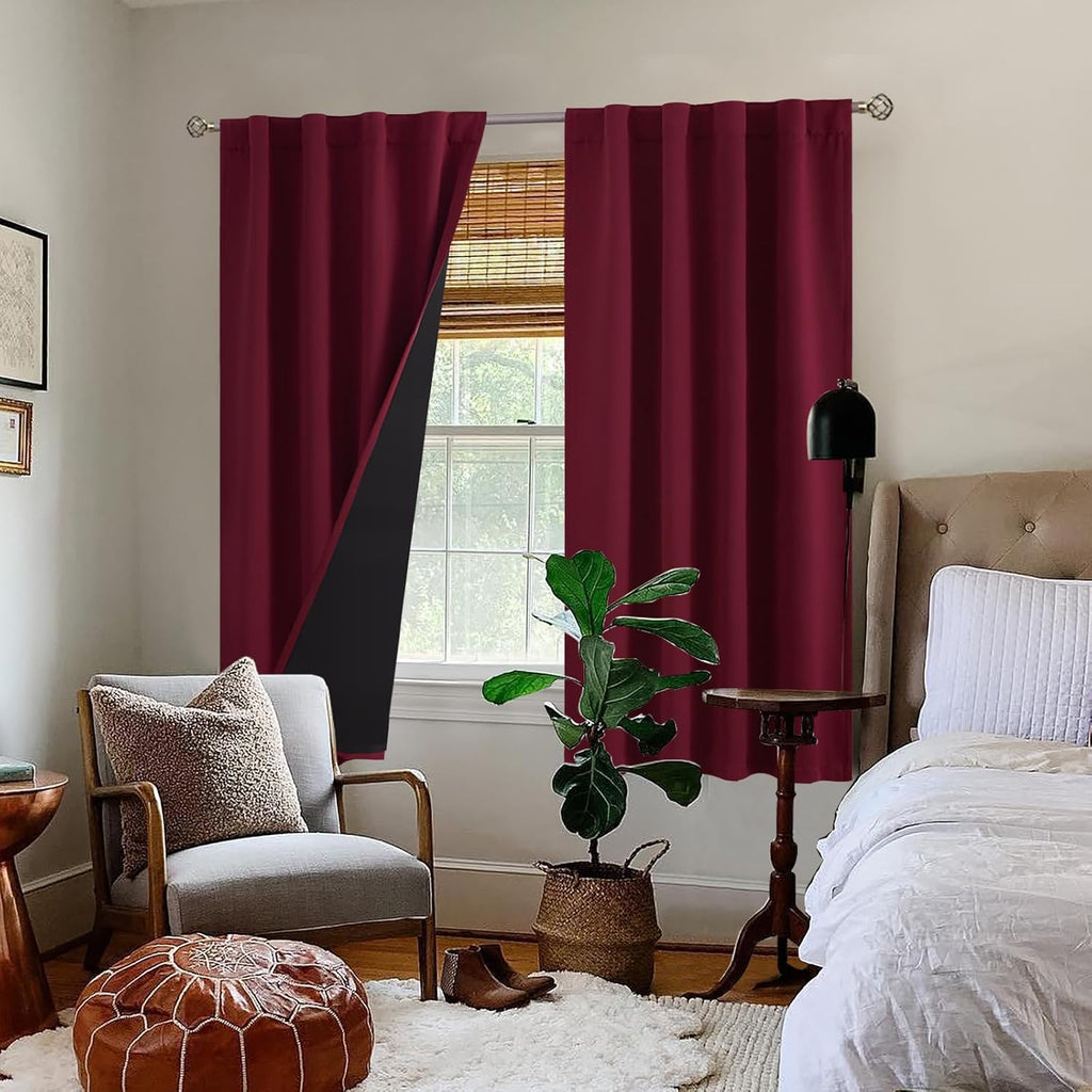 BGment Burgundy Red 100% Blackout Curtains 63 Inches Long with Thermal Insulated Liner, Rod Pocket and Back Tab Double Layer Full Room…