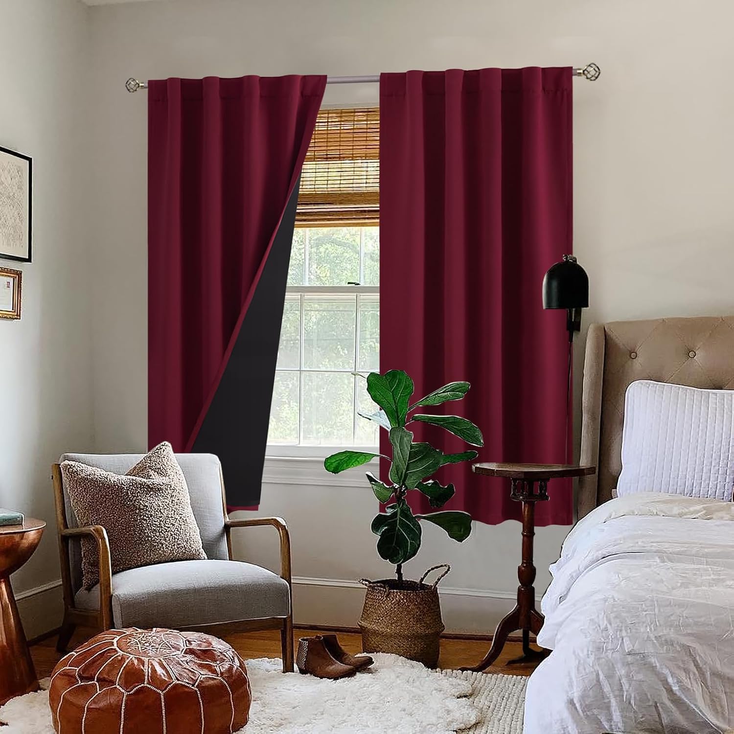 BGment Burgundy Red 100% Blackout Curtains 63 Inches Long with Thermal Insulated Liner, Rod Pocket and Back Tab Double Layer Full Room…