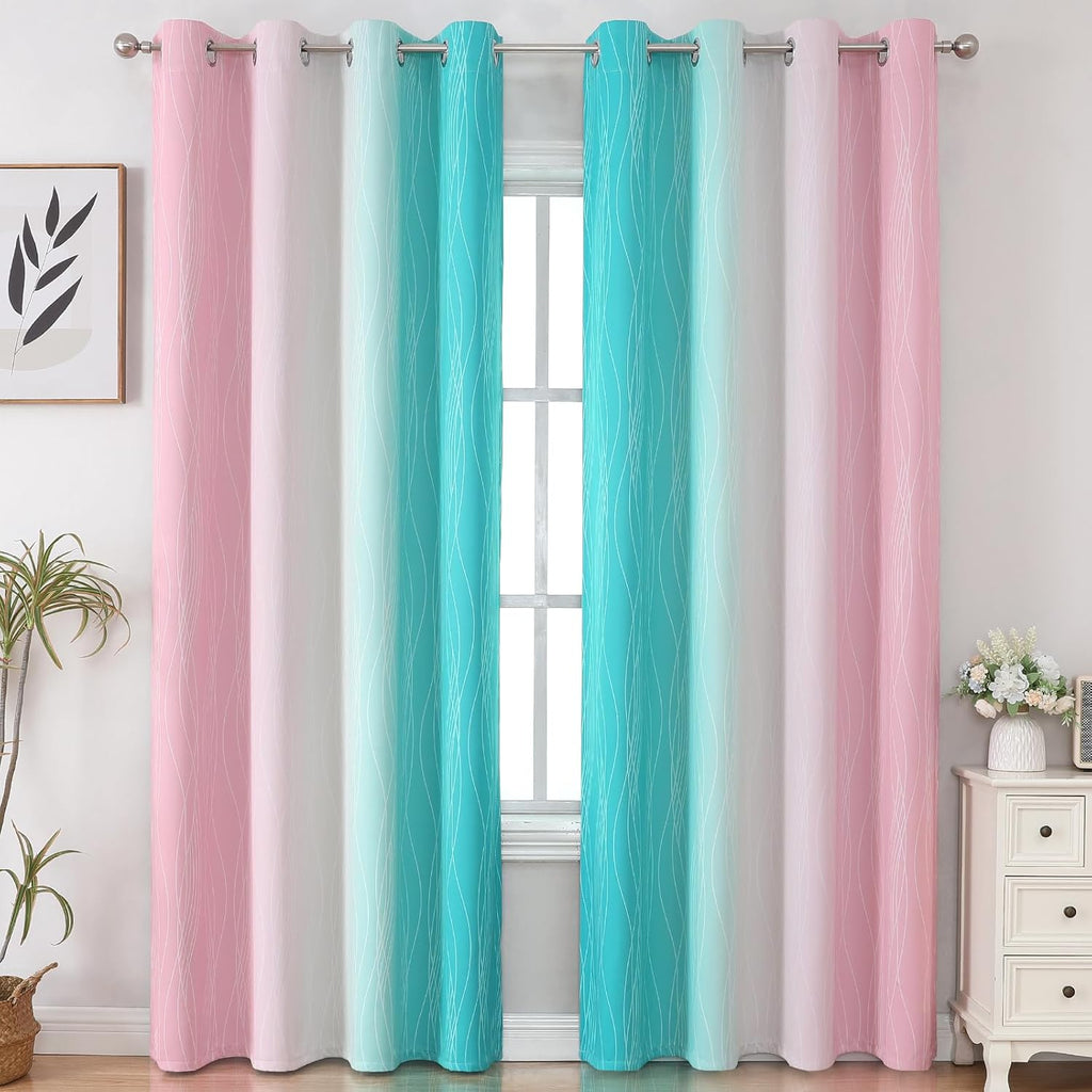Estelartextiler Estelar Textiler Pink and Teal Blackout Curtains 102 Inch Length 2 Panels Set, Thermal Insulated Ombre Grommet Drapes for B…