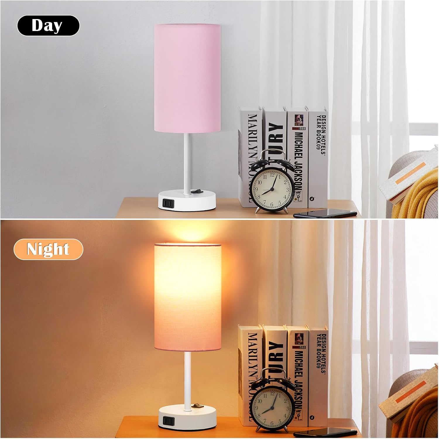 ZJOJO Table Lamp for Bedroom Set of 2, Bedside Small Lamps with 3 Way Dimmable Rocker Switch and AC Outlet, Nightstand Desk Lamp with…