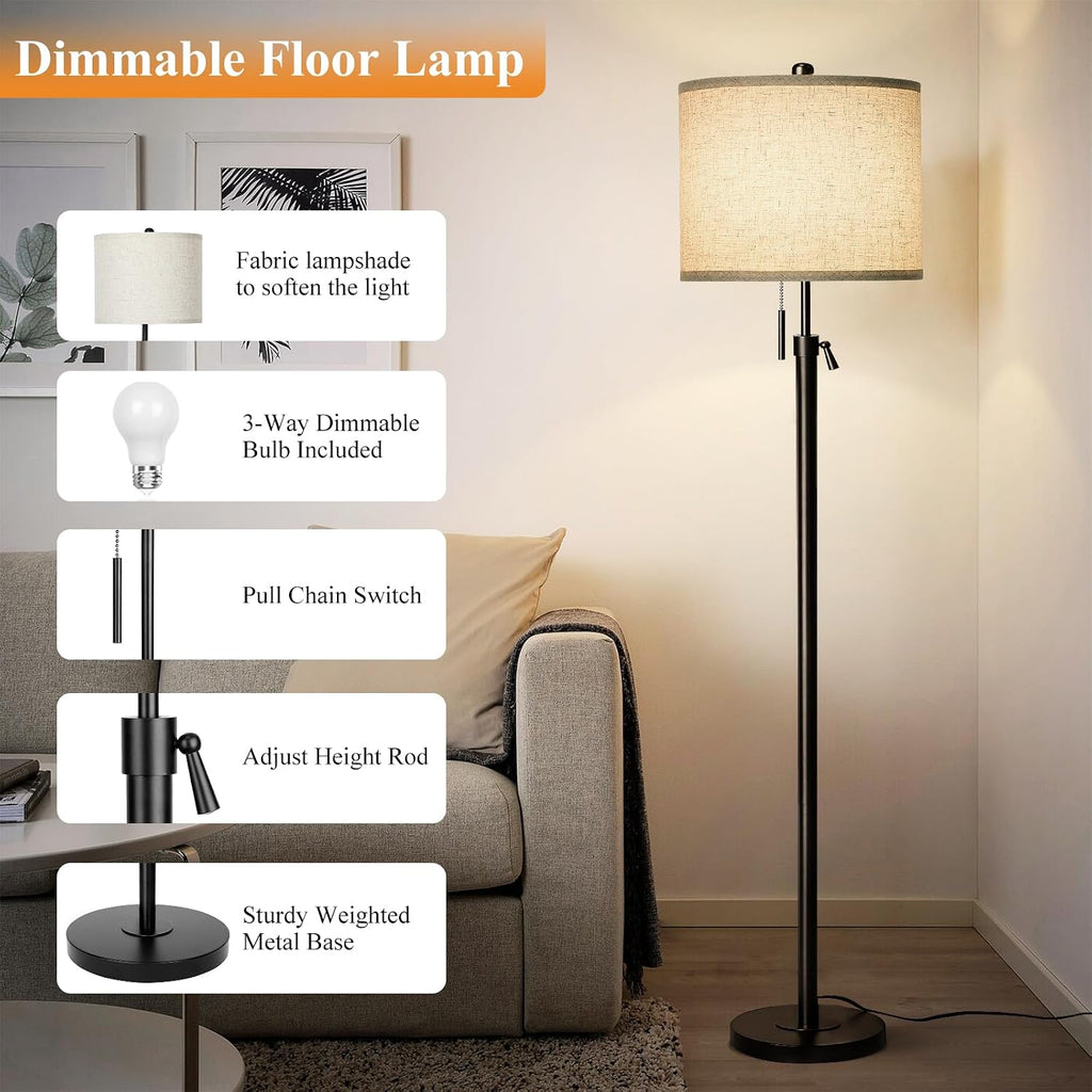 Qingmiao Adjustable Height Floor Lamp for Living Room, Black Standing Lamp for Bedroom Office, Modern Tall Lamp with Linen Shade, 3-Way…