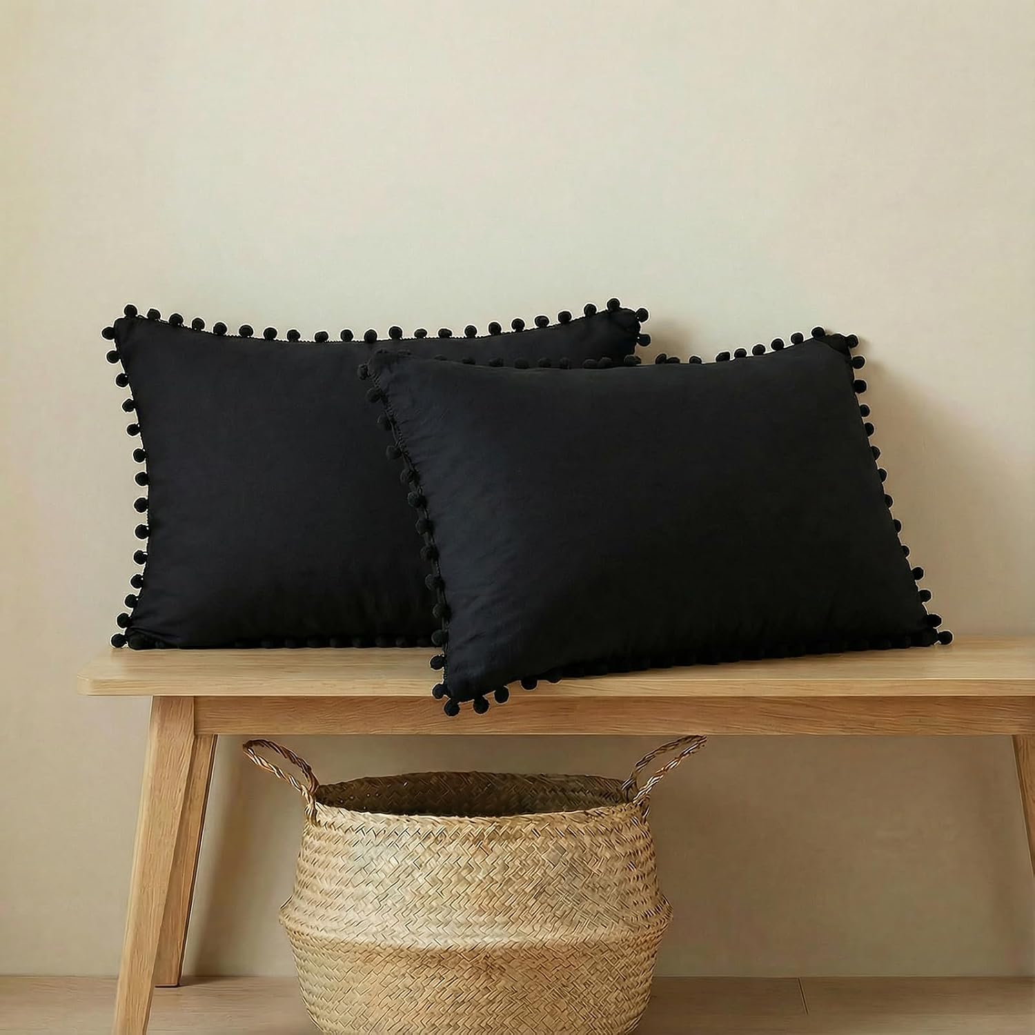 Moveover Black Pom Poms Pillowcases, Black Queen Pillow Cases Set of 2, 100% Washed Microfiber, Ball Fringe Pillow Cover, 2 Pack 2 Pack Bla…