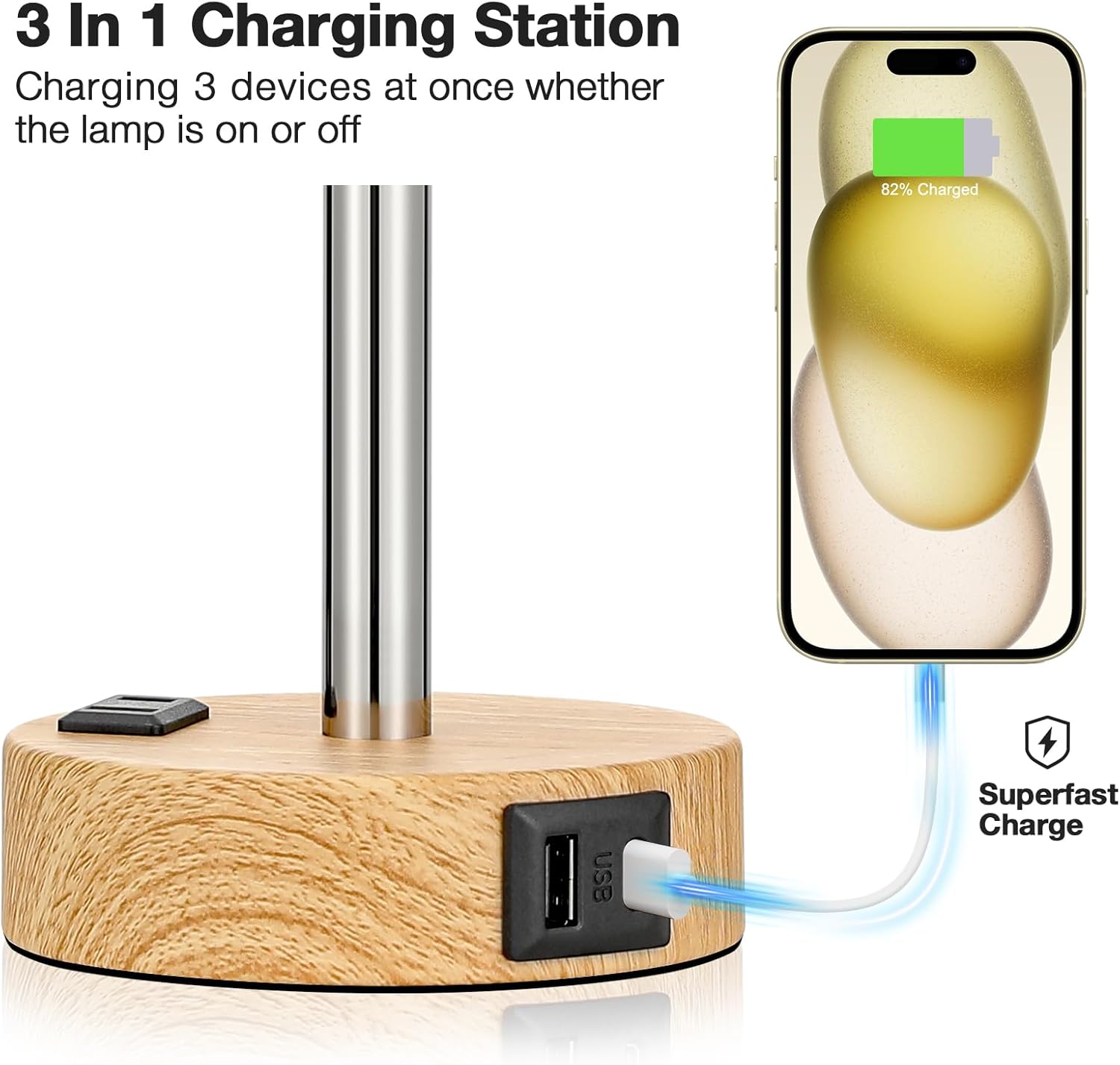 Fenmzee Bedside Table Lamp for Bedroom - 3 Way Dimmable Touch Lamp USB C Charging Ports and AC Outlet, Small Lamp Wood Base Round Flaxen…