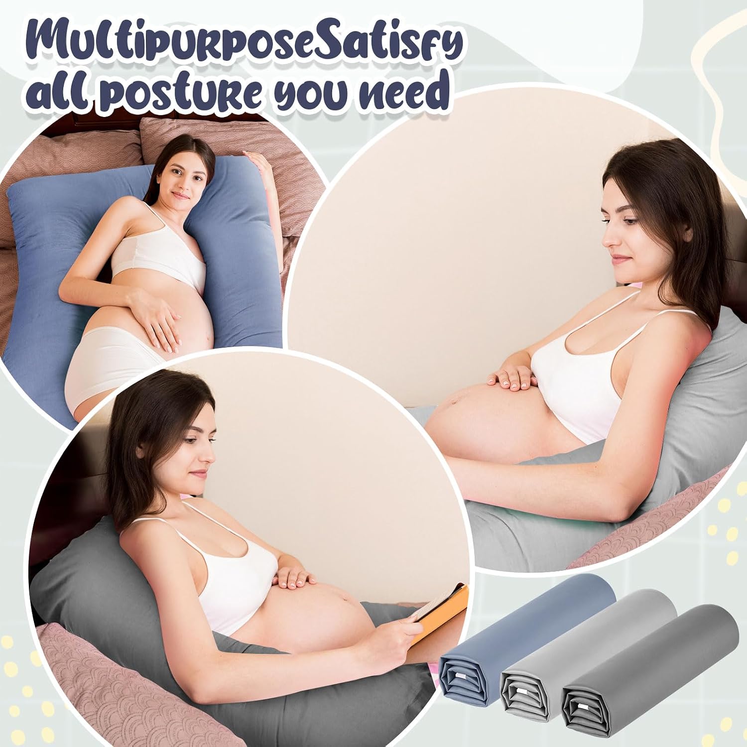 Hahafelt 3 Pcs U-Shaped Pregnancy Pillow Cover, Cotton Maternity, Soft Breathable Fit for 55"x31" Body Pillow (Bright Color, Cotton)