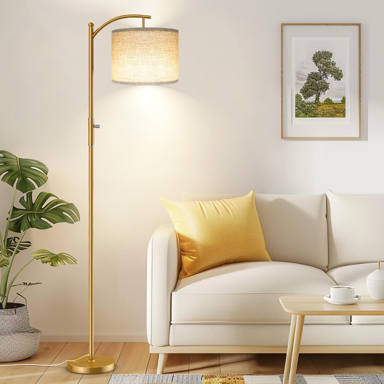 Dimmable Floor Lamp, Arc Floor Lamps for Living Room, Stepless Dimming Modern Standing Lamp with Linen Shade, Tall Lamp for Bedroom…