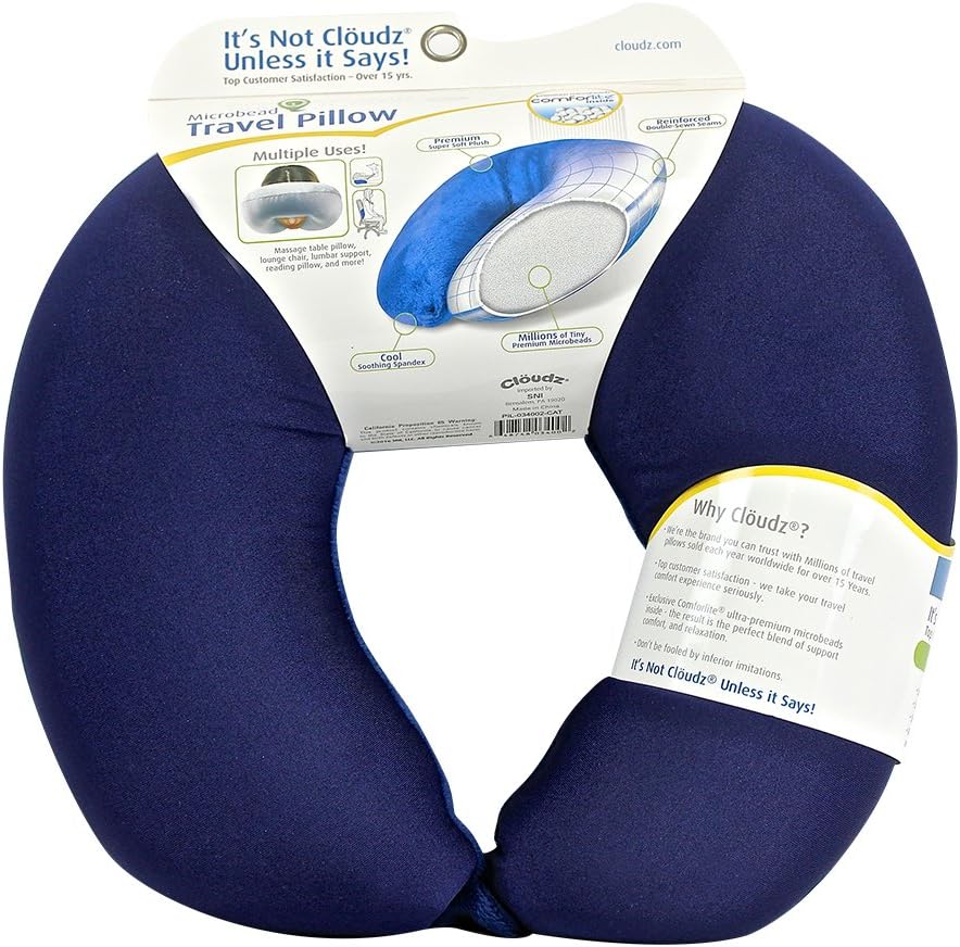 Cloudz Dual Comfort Microbead Airplane Travel Neck Pillow. Super Soft Cozy Plush Fabric on One Side, Cool Relaxing Spandex on The Other!…