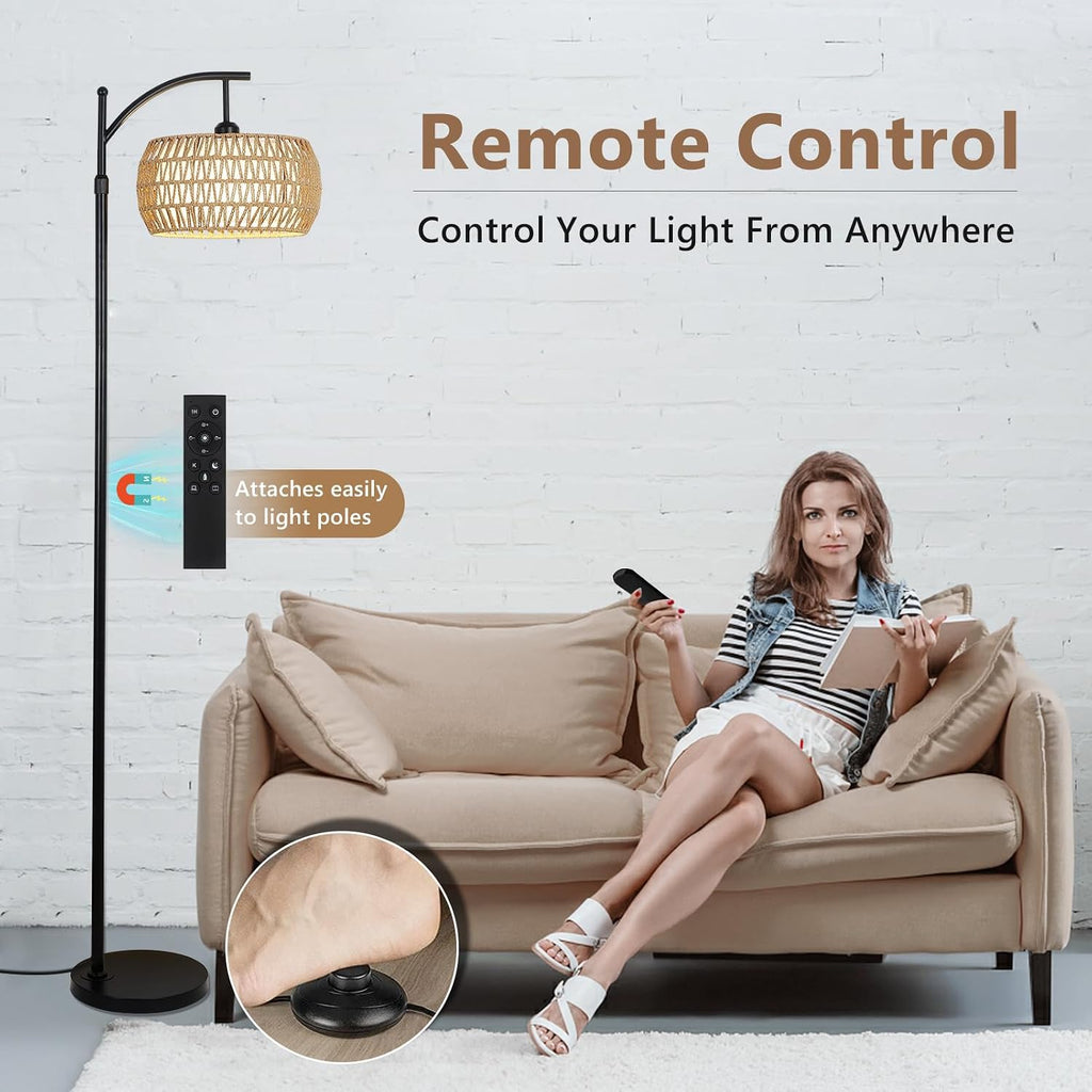 Arc Floor Lamp with Remote Control, Dimmable LED Floor Lamp with 3 Color Temperature, Black Standing Lamp with Rattan & Fabric Double…