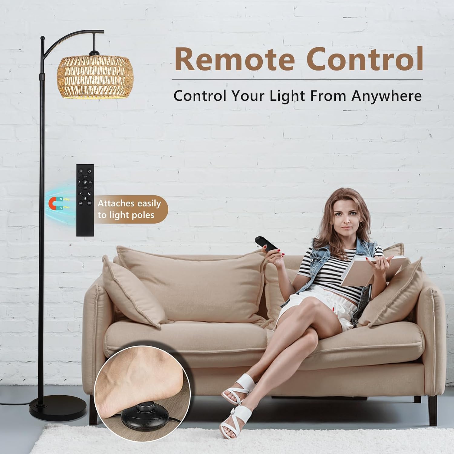 Arc Floor Lamp with Remote Control, Dimmable LED Floor Lamp with 3 Color Temperature, Black Standing Lamp with Rattan & Fabric Double…