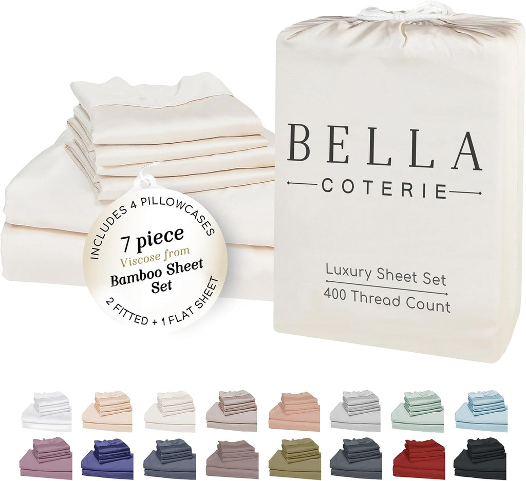 Bella Coterie 7 Piece Luxury Bamboo Viscose Split King Size Sheet Set | 2 Fitted Sheets for Adjustable Beds | 100% Organically Grown |…