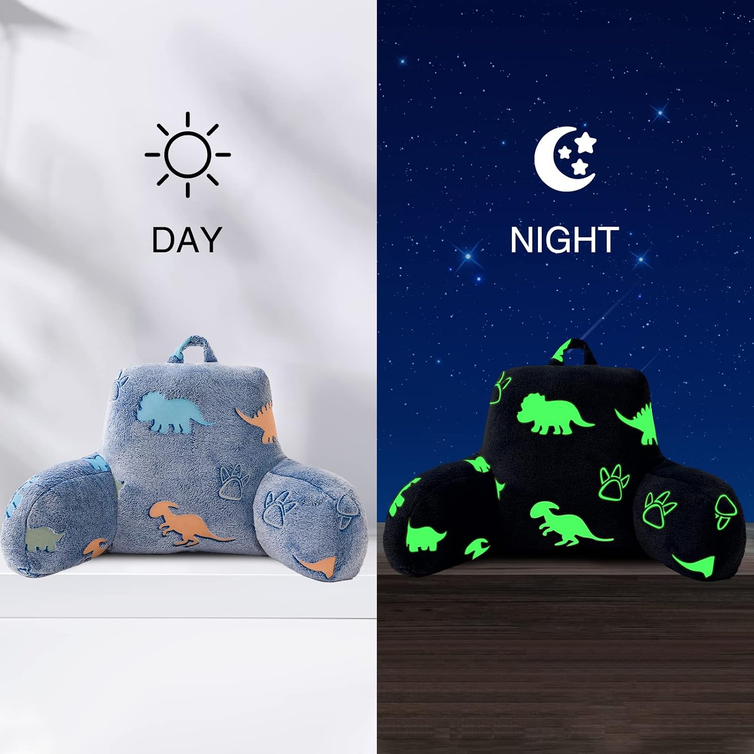 Aimuan Reading Pillow Glow in The Dark Bed Rest Wedge kids Glow Backrest Pillow Dinosaur Print with Arms Back Support for Sitting Up in…