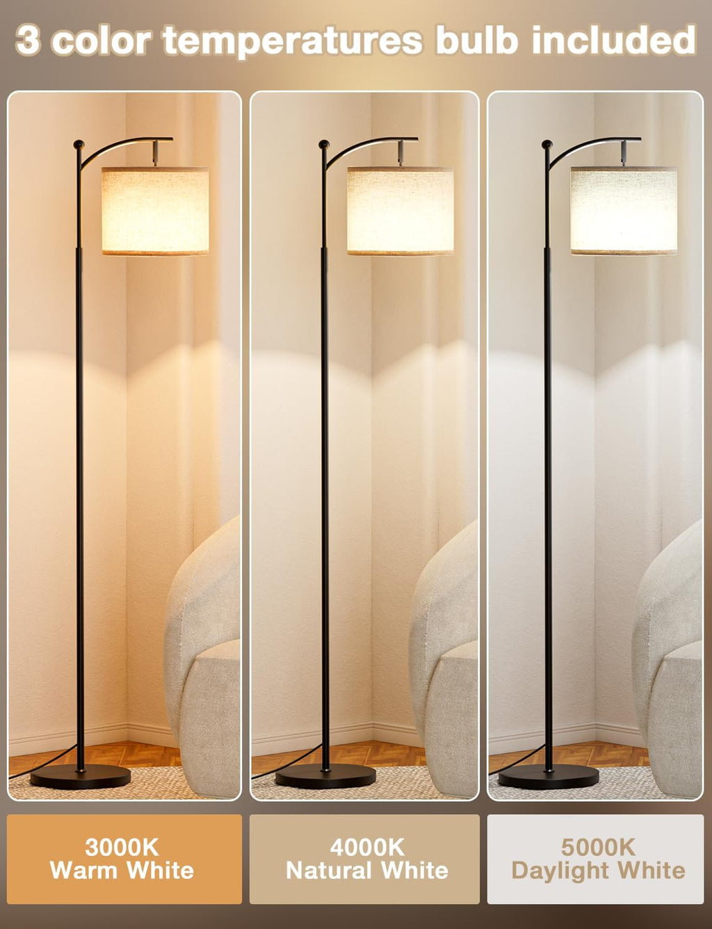 Ambimall Tall Floor Lamps with 3 Color Temperatures Bulb & Adjustable Linen Shade, for Living Room, Bedroom, Office, Classroom, Dorm Room…
