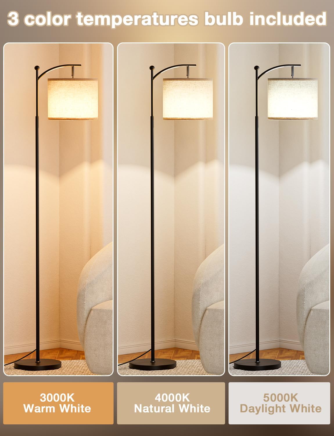 Ambimall Tall Floor Lamps with 3 Color Temperatures Bulb & Adjustable Linen Shade, for Living Room, Bedroom, Office, Classroom, Dorm Room…
