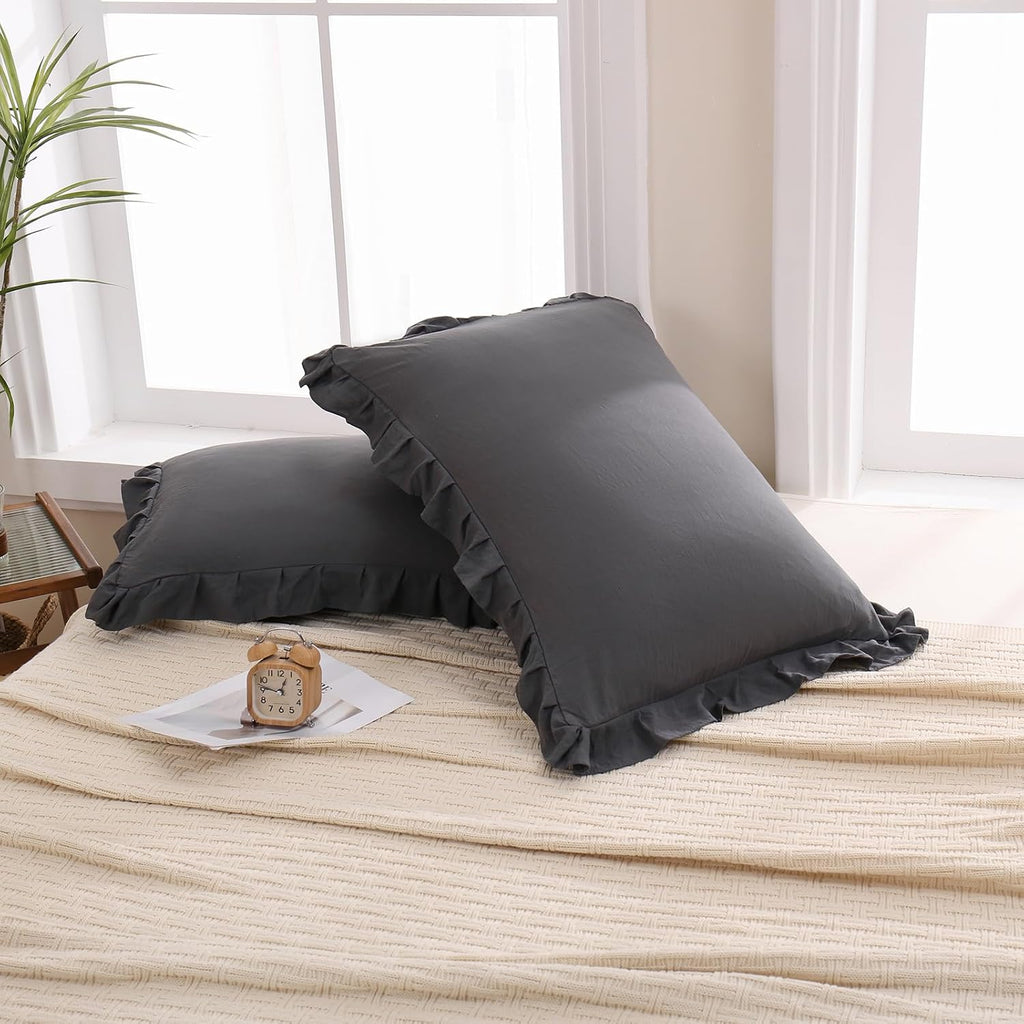 Merryword Dark Gray Pillow Shams Reversible Pillowcases Cute Pillow Cover Set of 2 Soft Shabby Chic Ruffled Pillowcases 2 Pack (Queen (20''…