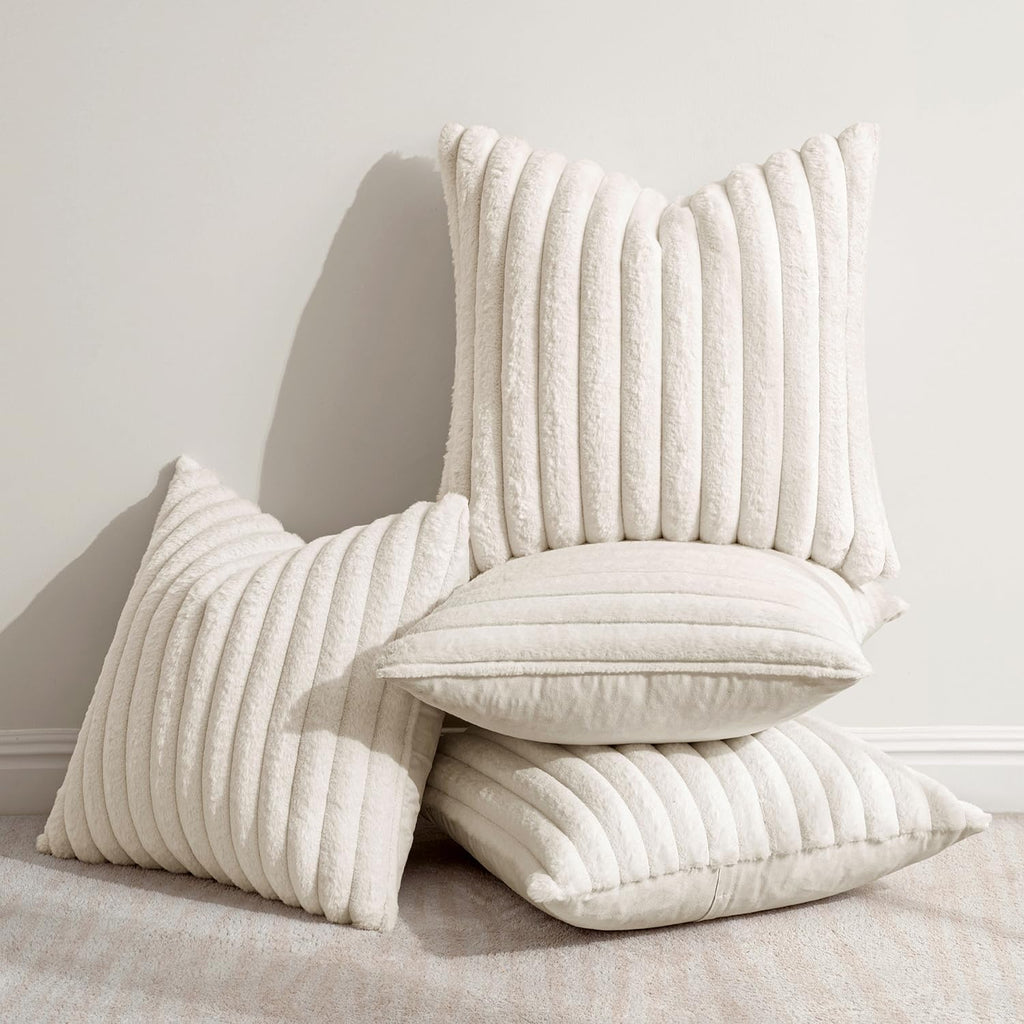 Miulee Faux Fur Plush Decorative Throw Pillow Covers 18x18 Set of 4, Spring Modern Soft Fuzzy Striped Cushion Covers for Sofa Couch Bed Liv…